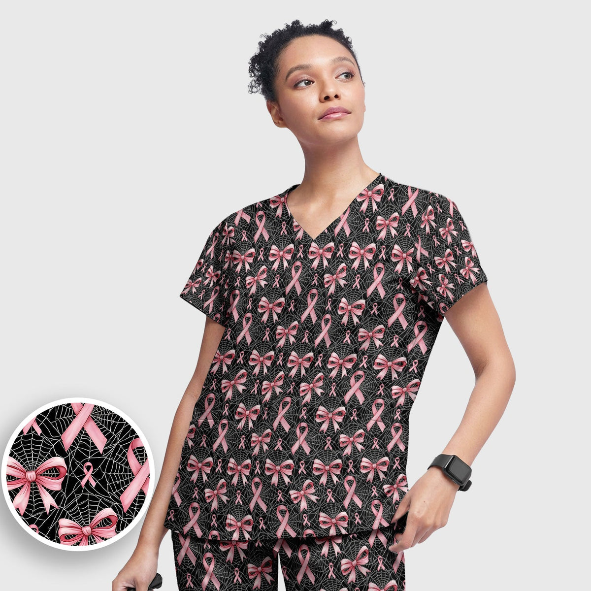 Pink Ribbon Pattern Nurse Scrub Set