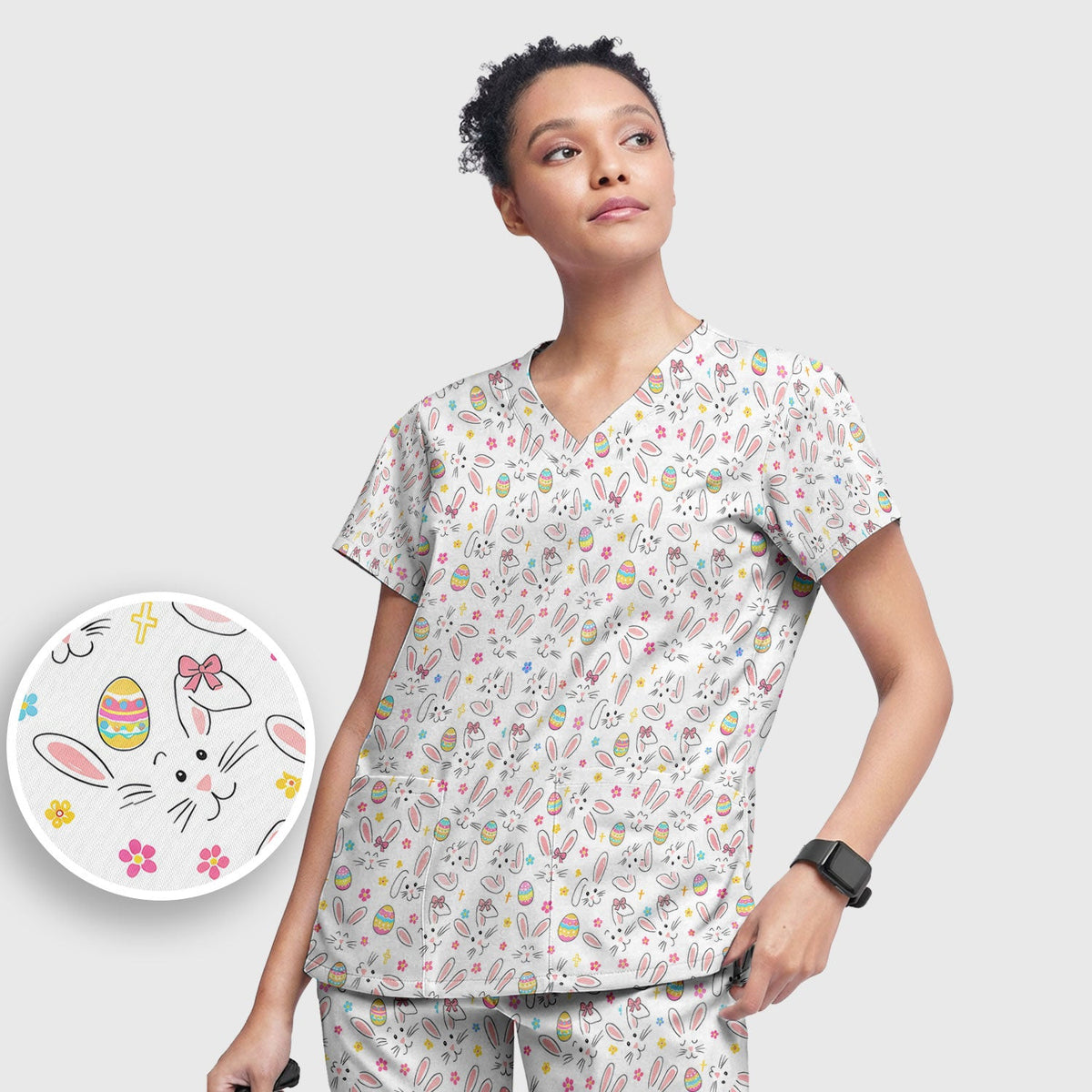 Bunny Faces Pastel Egg Nurse Scrub Set - Easter Gift