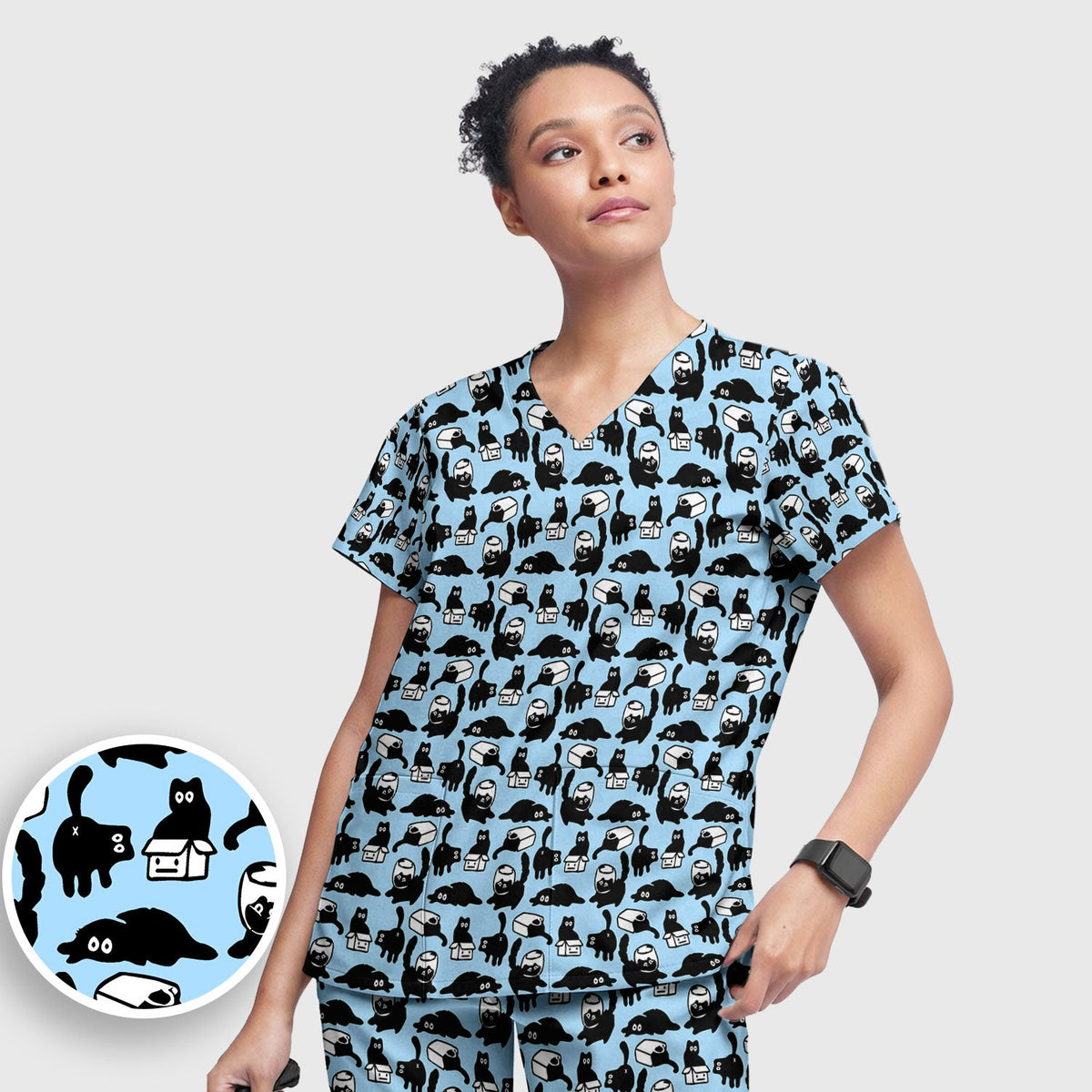 Dark Playful Cat Cartoon Pattern Scrub Set, Breathable Med Uniform