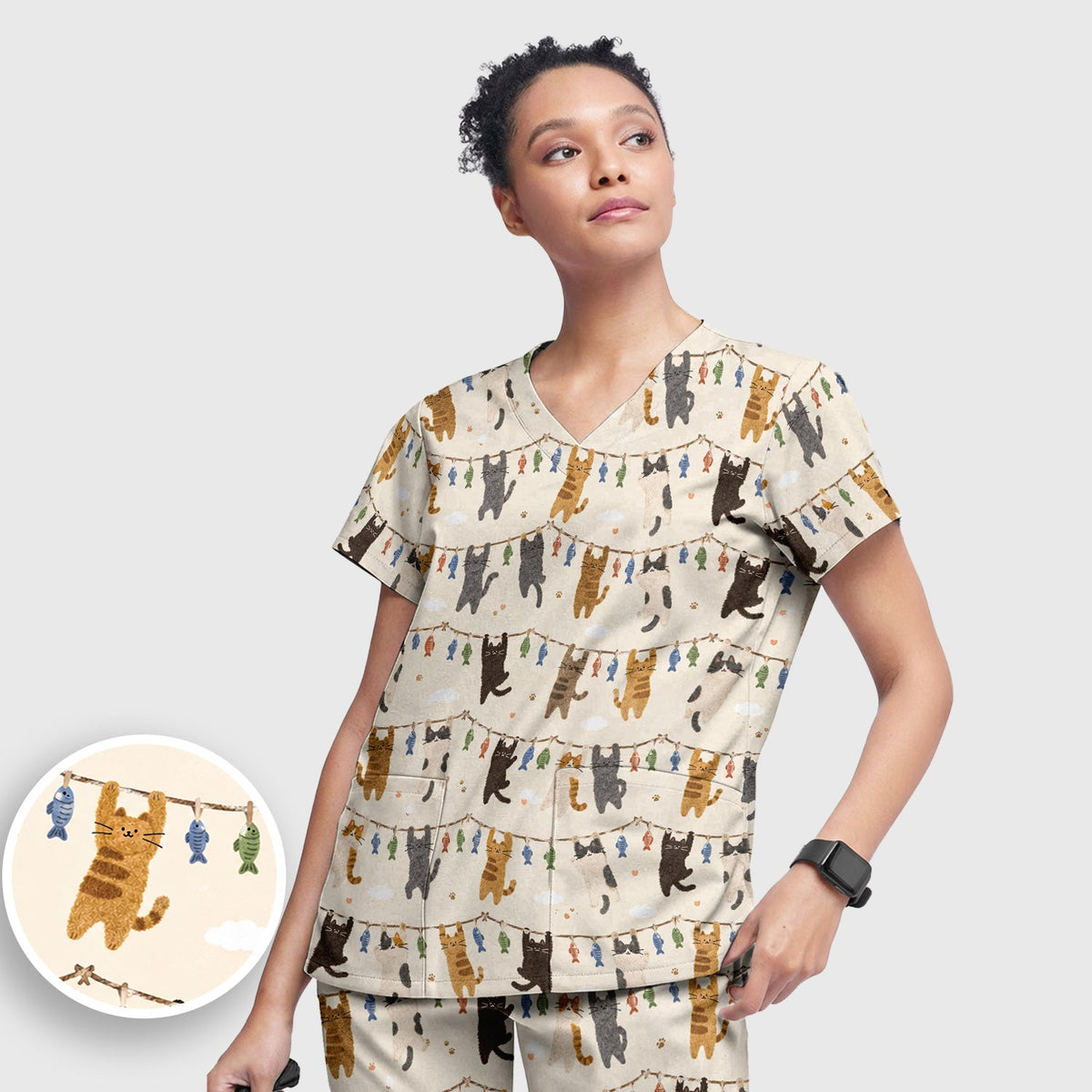 Hanging Cat Fishline Nurse Scrub Set