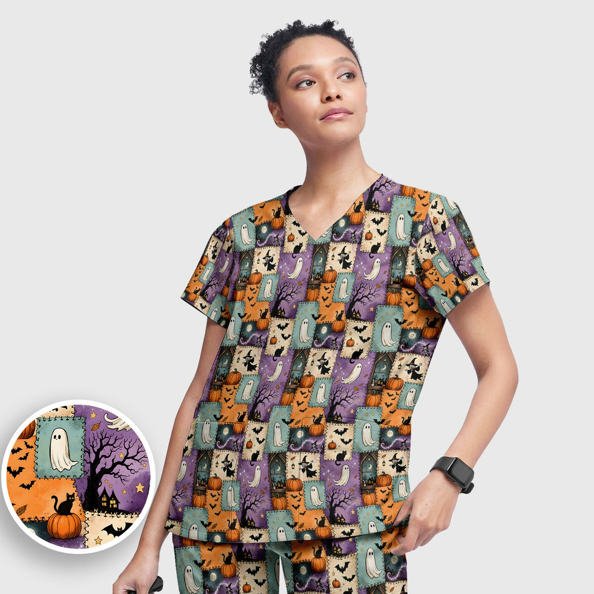 Spooky Ghost Black Cat Patchwork Nurse Scrub Set