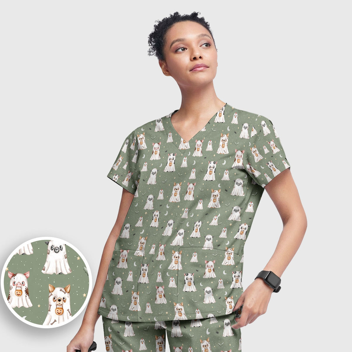 Spooky Farm Animal Ghost Nurse Scrub Set