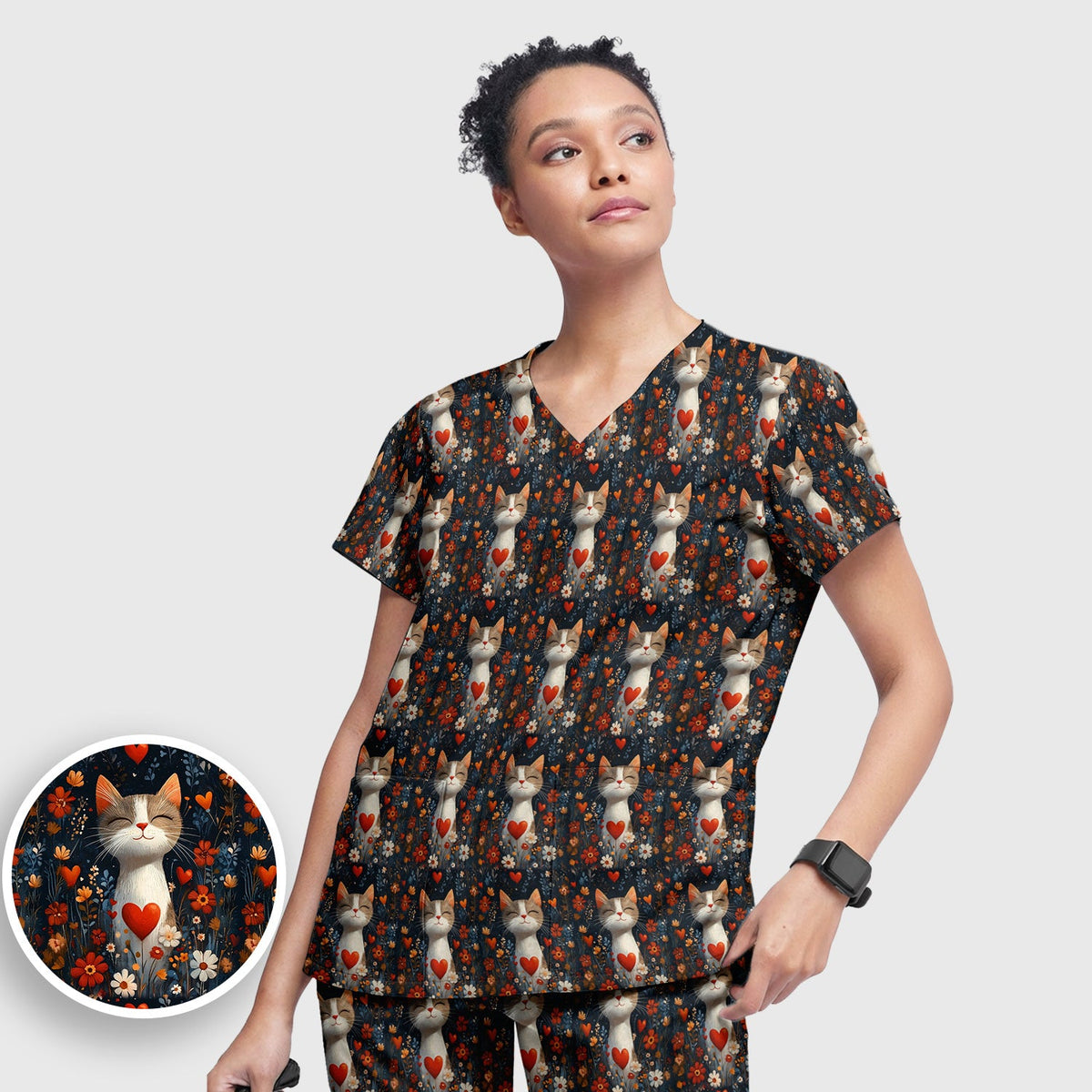 Cat Heart Floral Garden Nurse Scrub Set