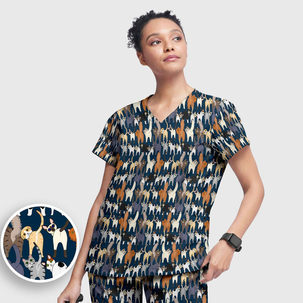 Whimsical Multicolor Cat Cartoon Nurse Scrub Set