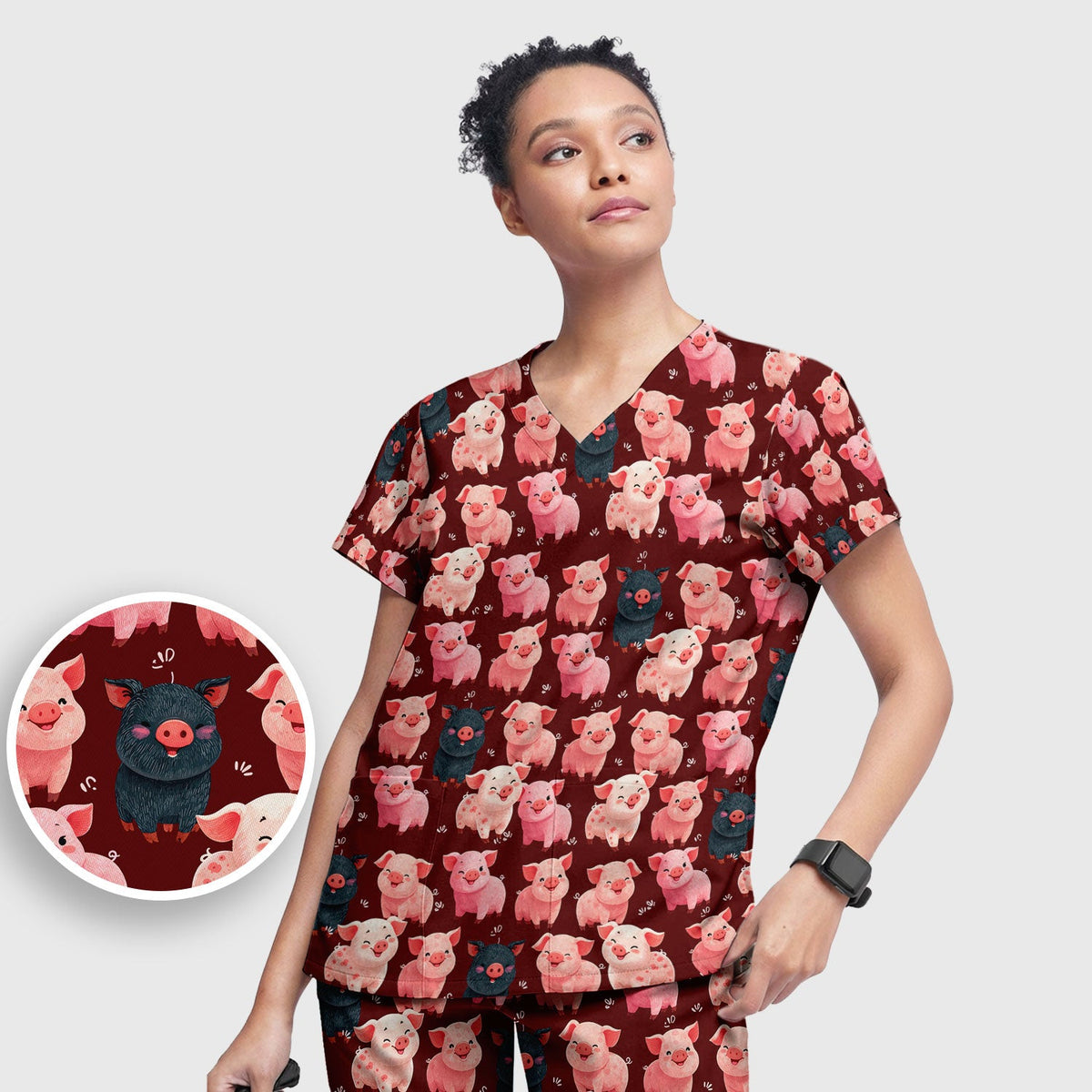 Funny Farm Pig Cartoon Pattern Scrub Set, Nurse Uniform Scrubs Set