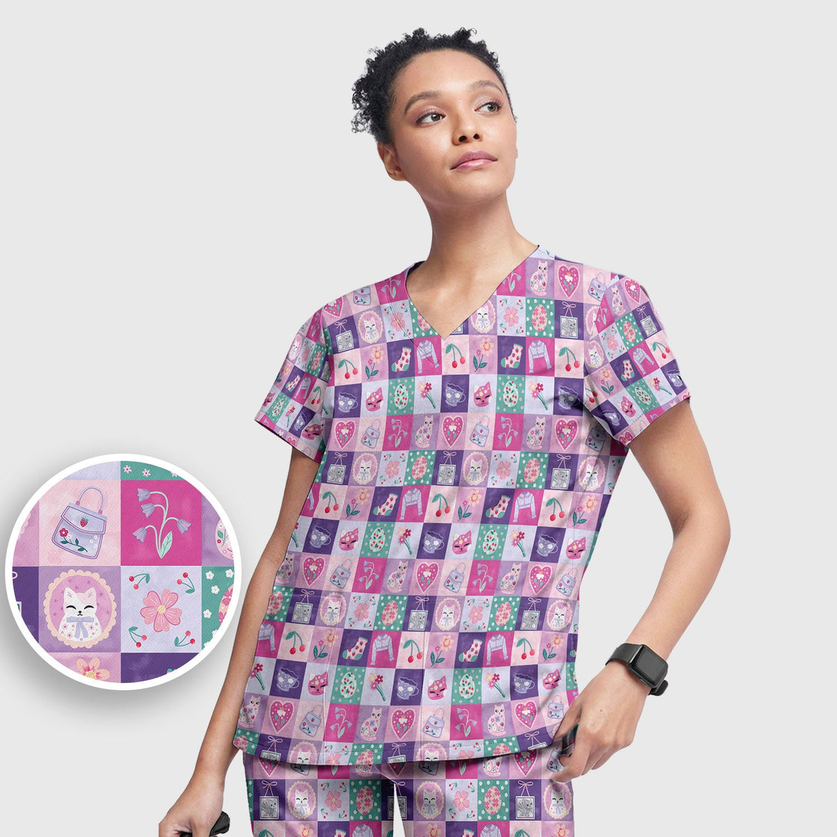 Pastel Cat Patchwork Kawaii Nurse Scrub Set