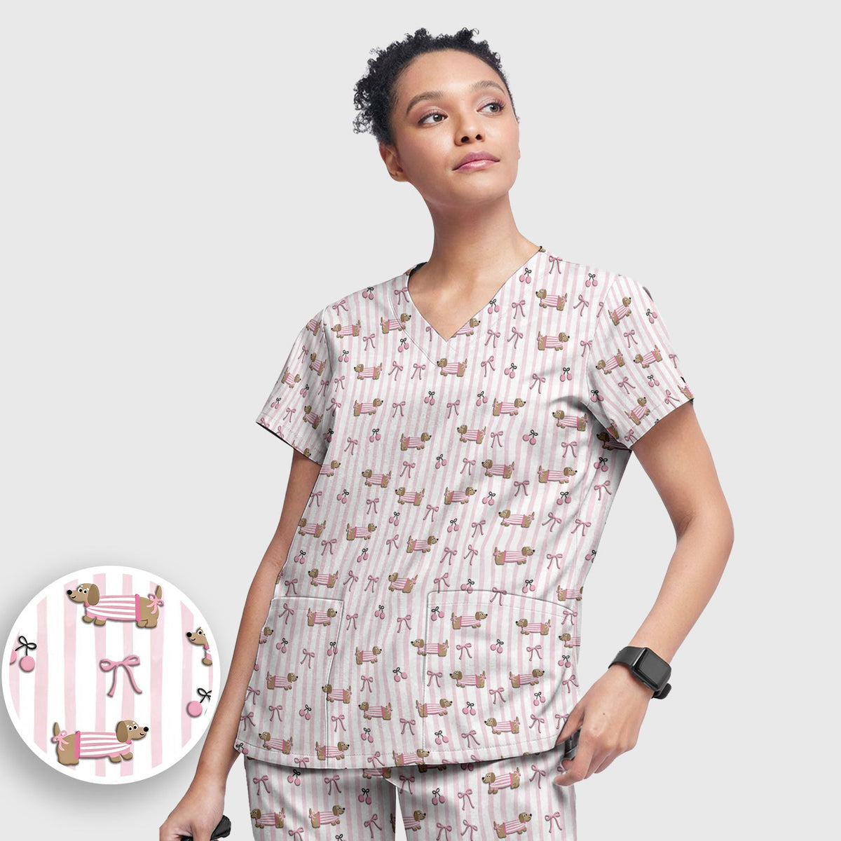 Dachshund Pink Stripe Nurse Scrub Set