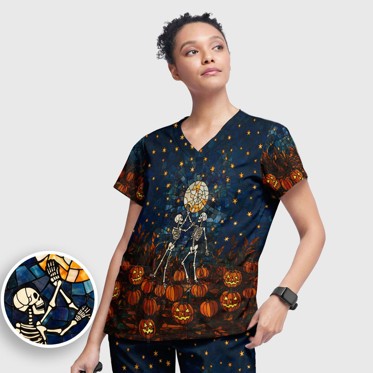 Skeleton Pumpkin Patch Nurse Scrub Set - Halloween Gift