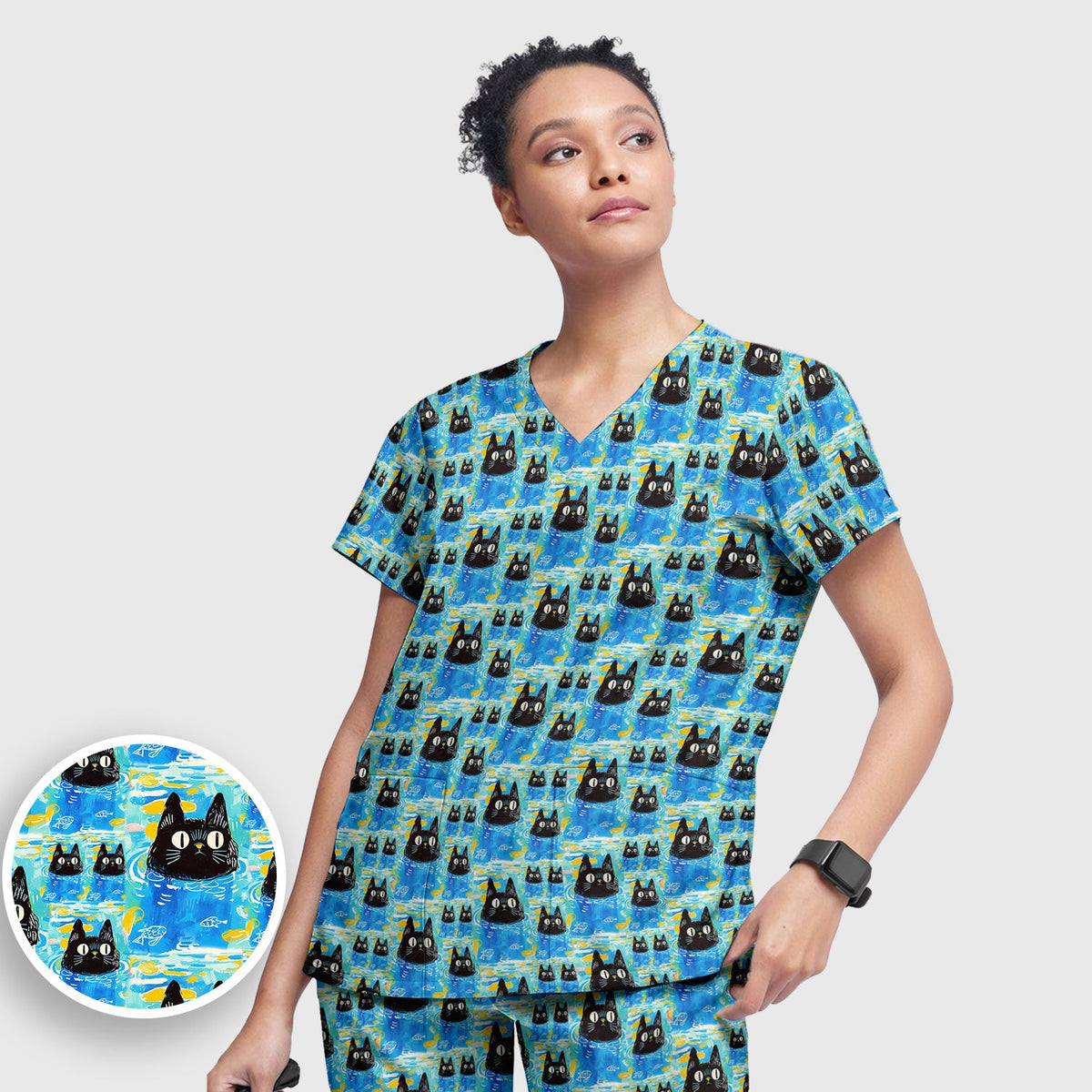 Black Cat Swimming In Blue Water Nurse Scrub Set