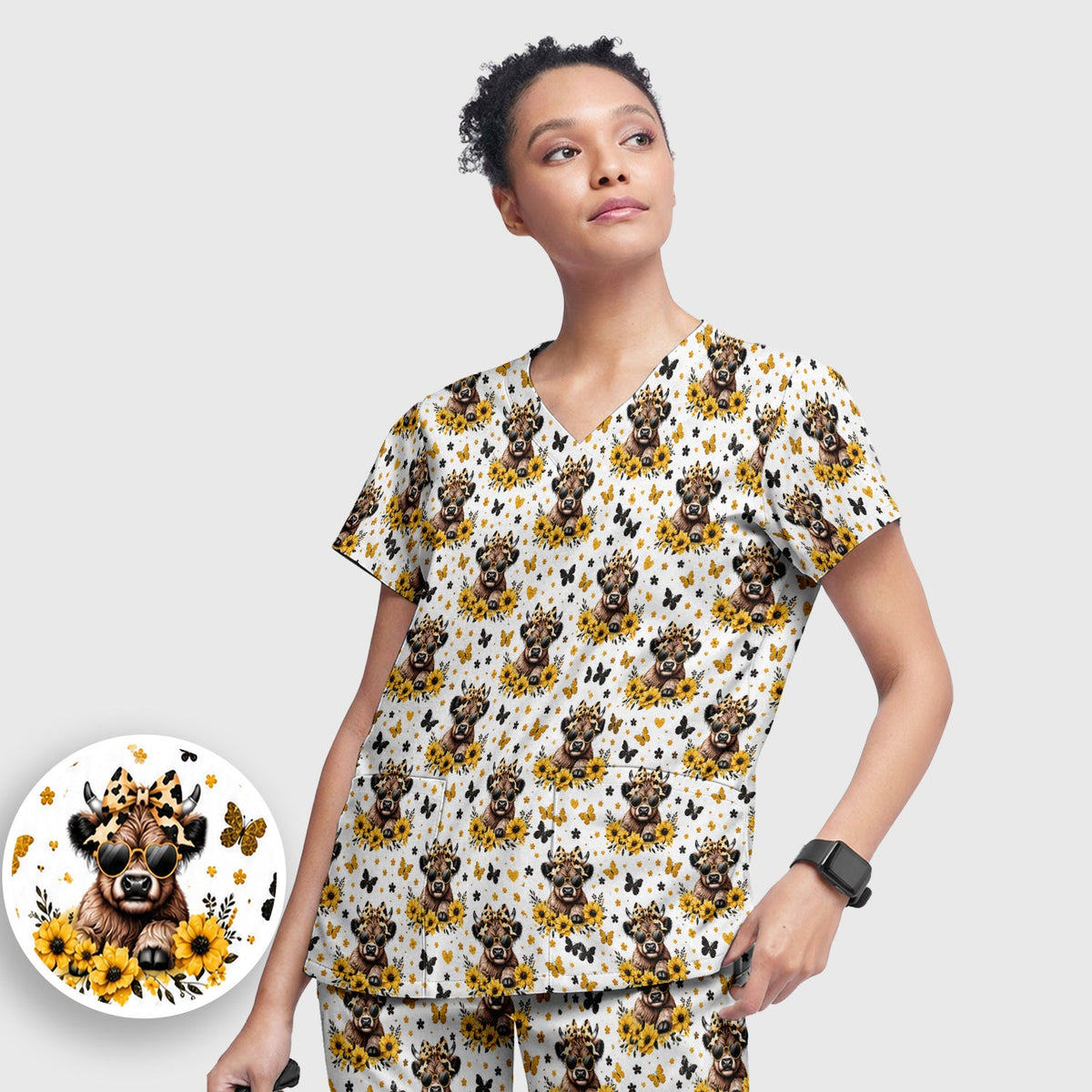 Cow Sunflower Bow Nurse Scrub Set