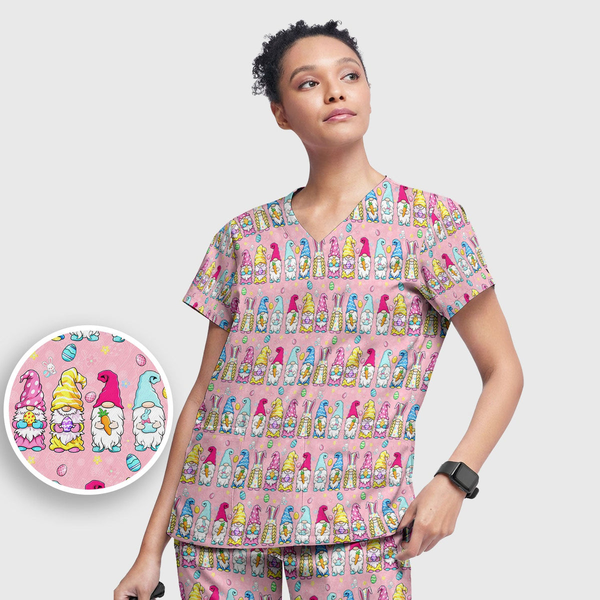 Colorful Easter Gnome Bunny Eggs Nurse Scrub Set