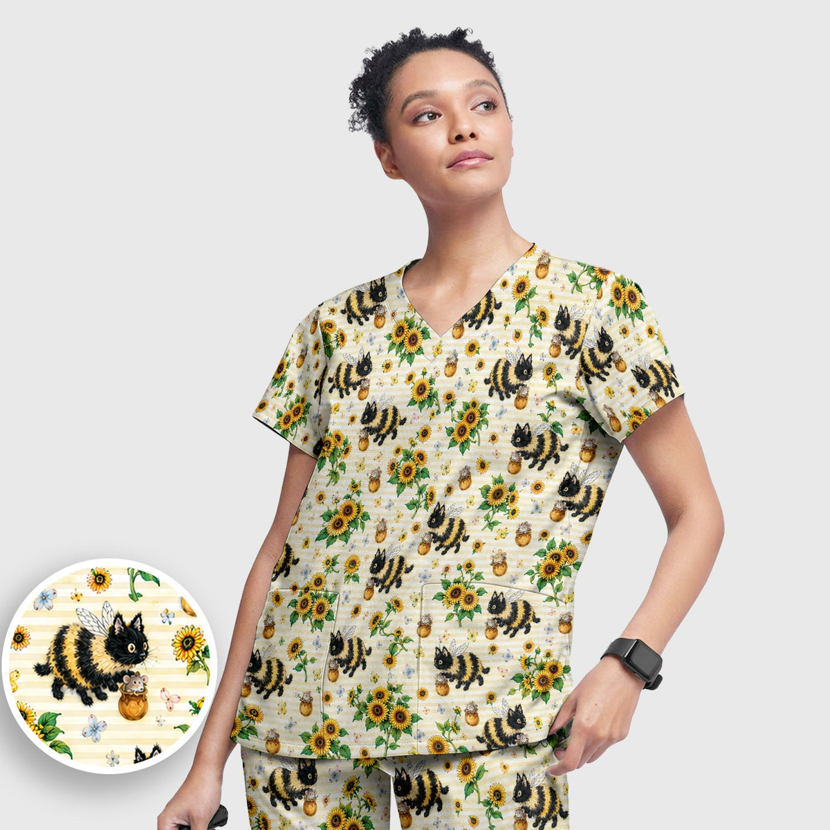 Bumblebee Cat Sunflower Nurse Scrub Set