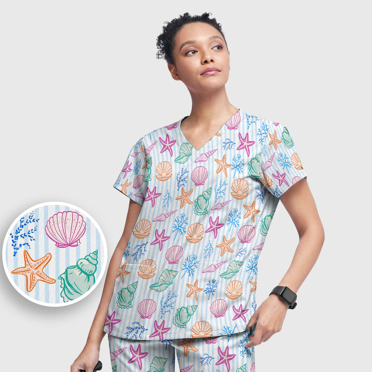 Colorful Seashell Starfish Ocean Stripe Nurse Scrub Set