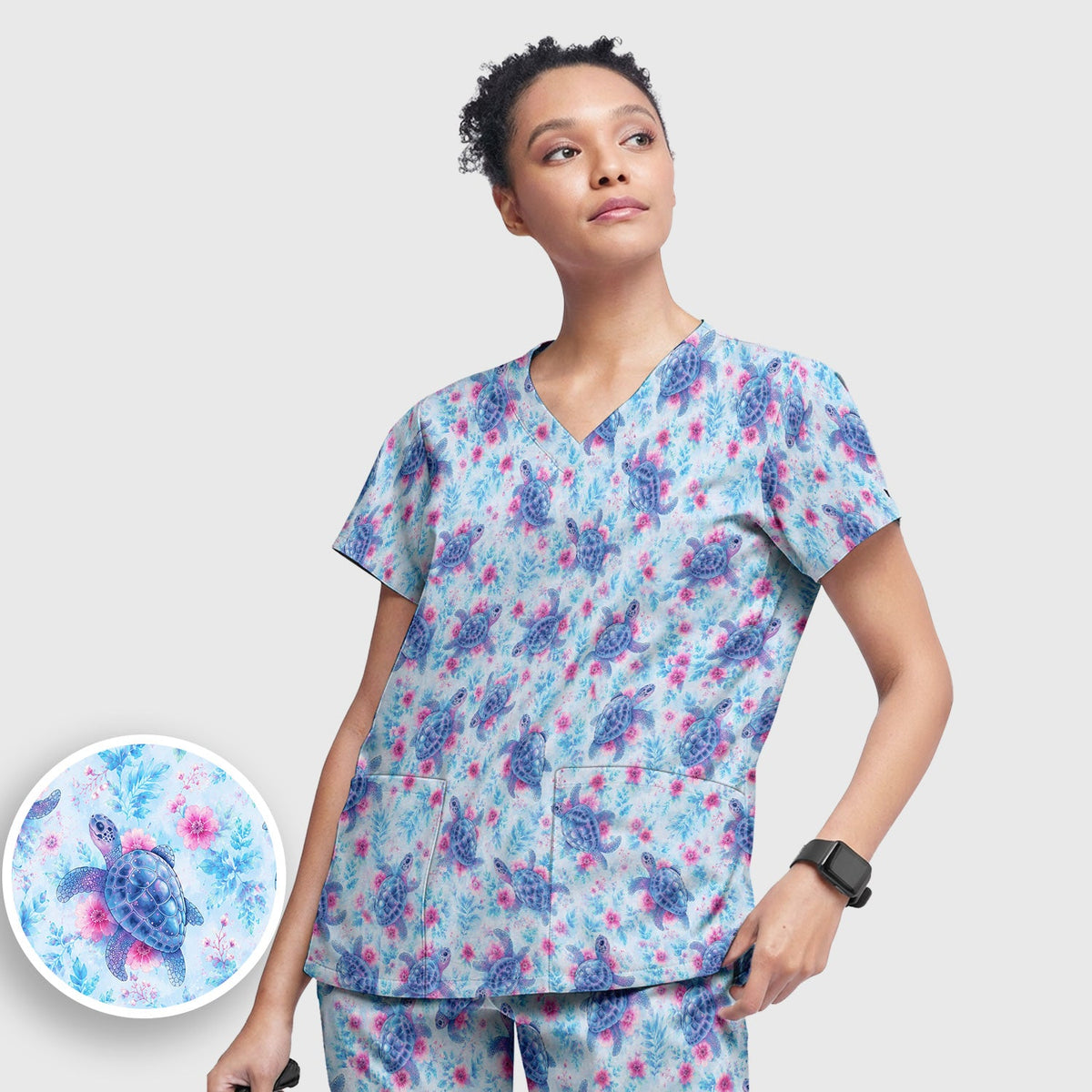 Sea Turtle Floral Nurse Scrub Set