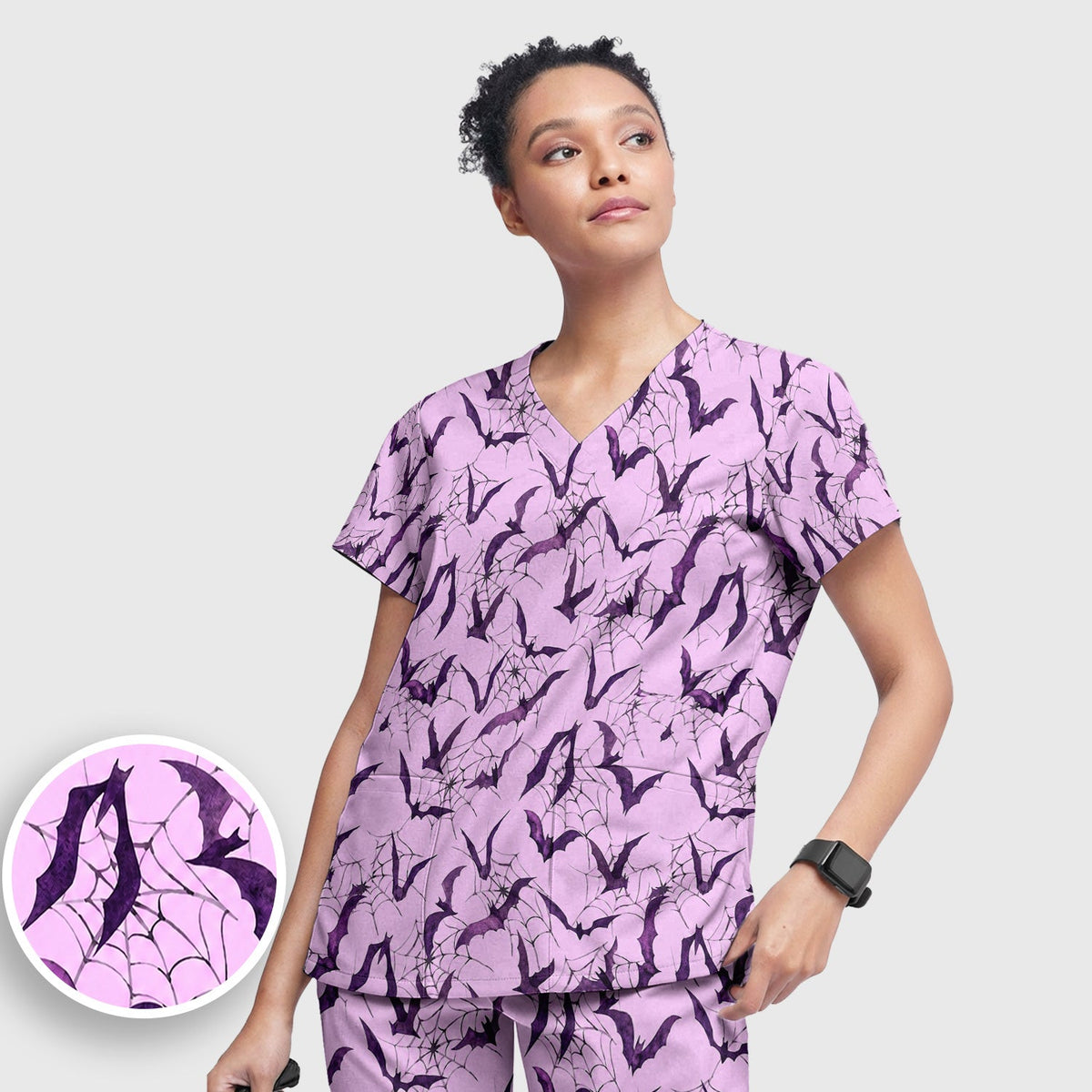 Bat with Spider Web Nurse Scrub Set - Halloween Gift