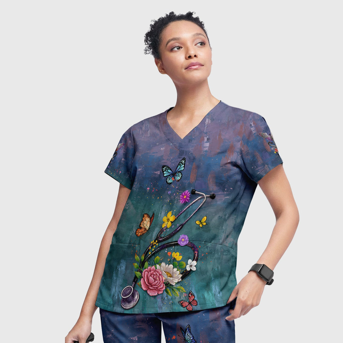 Floral Stethoscope Nurse Scrub Set