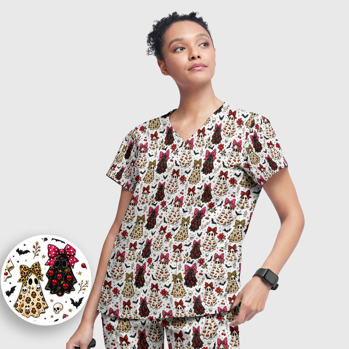 Spooky Ghost Pattern Nurse Scrub Set