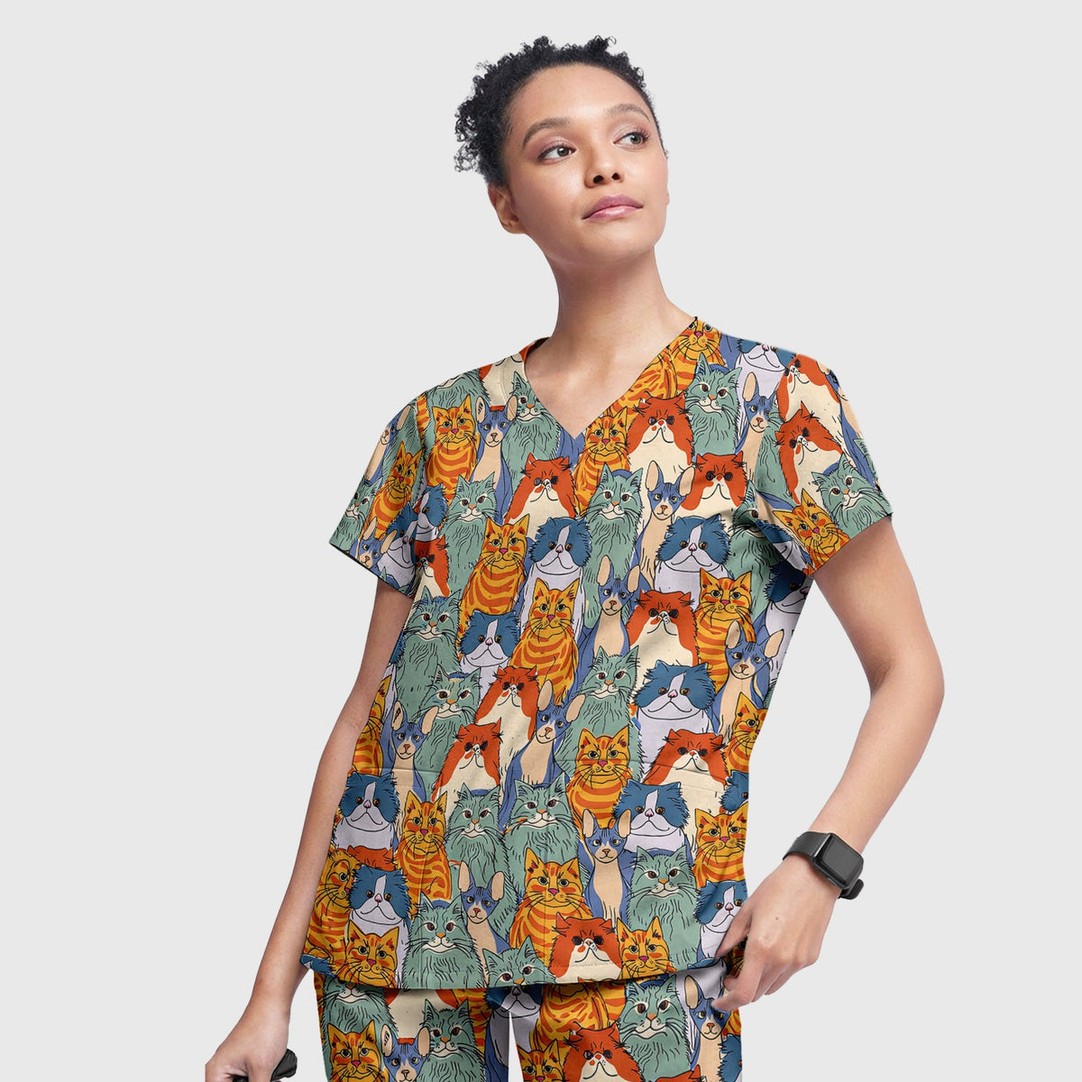 Multicolor Cat Faces Nurse Scrub Set