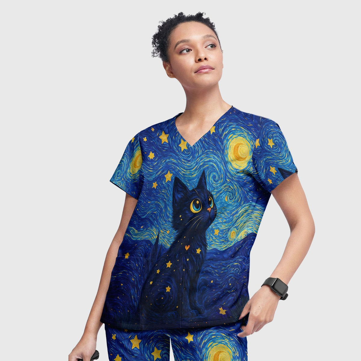 Black Cat Starry Night Nurse Scrub Set