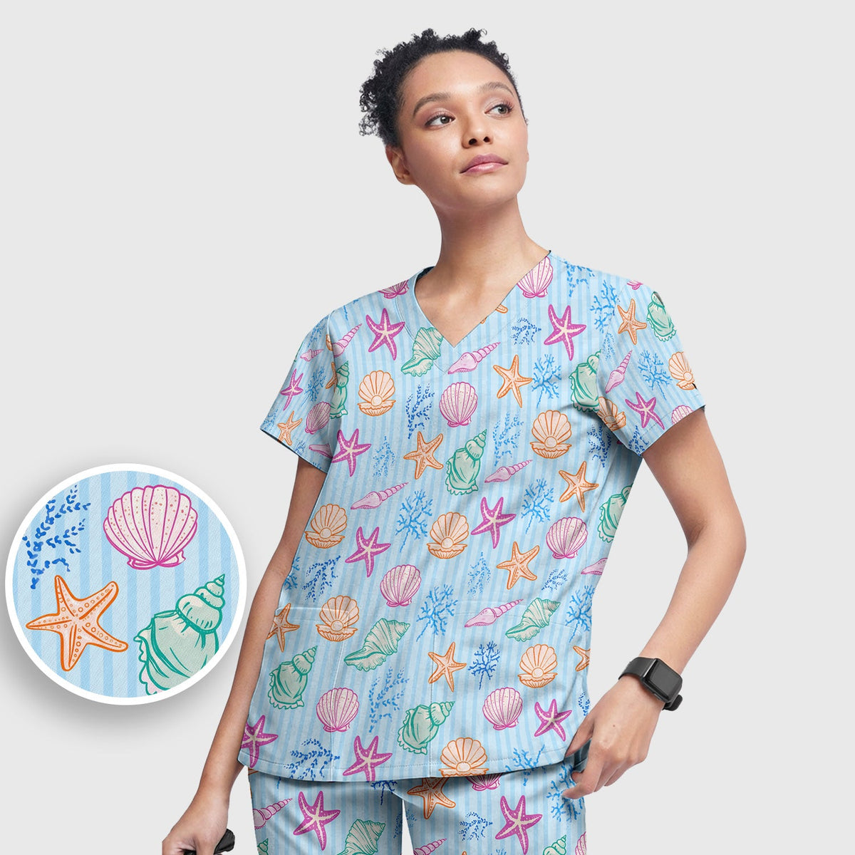 Colorful Seashell Starfish Ocean Stripe Nurse Scrub Set