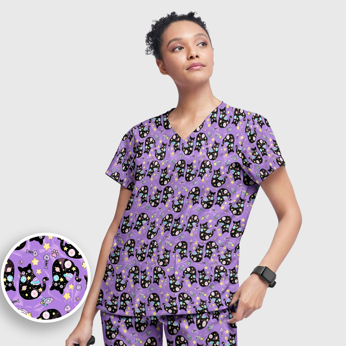 Galaxy Black Cat Space Nurse Scrub Top