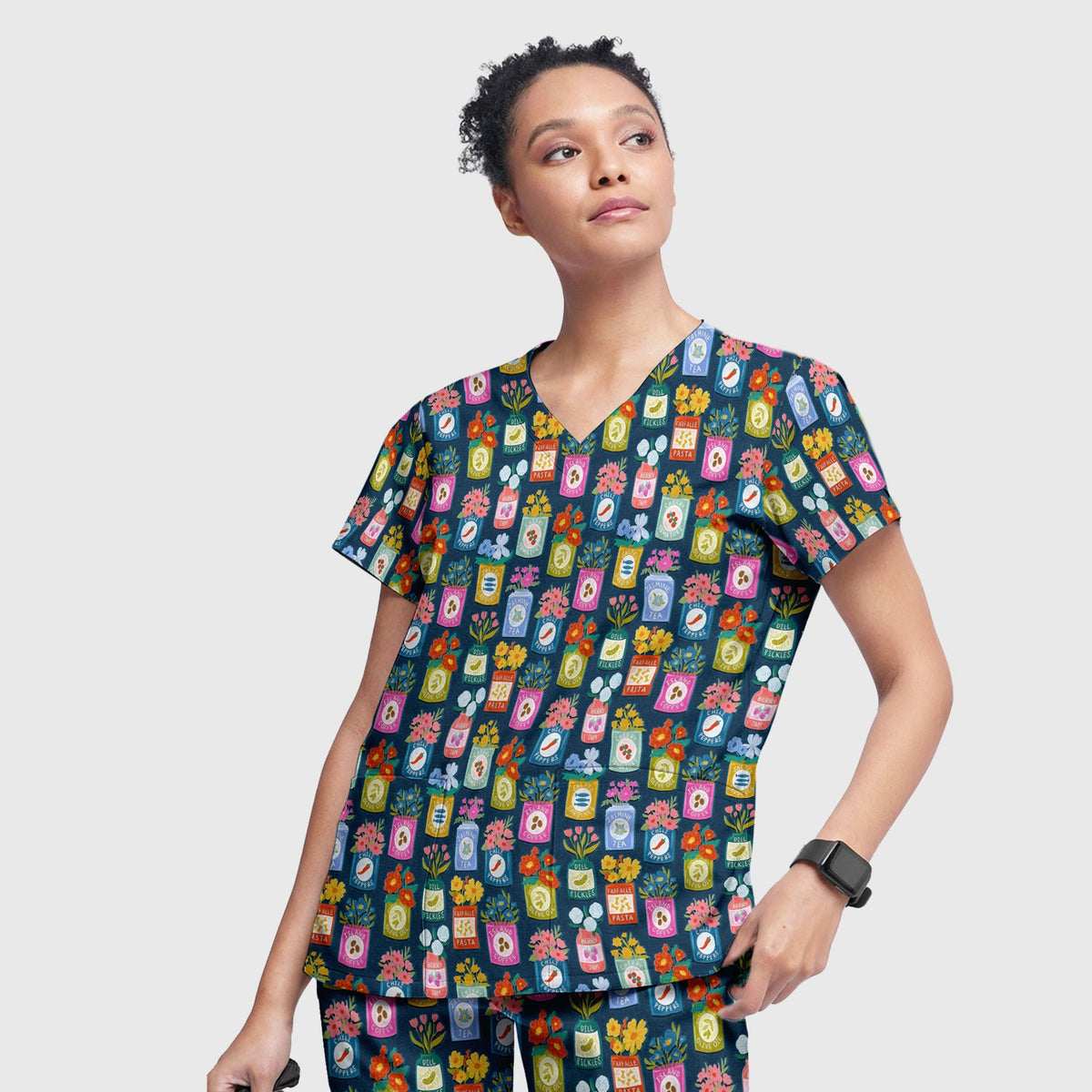 Colorful Pantry Jars Flowers Nurse Scrub Set
