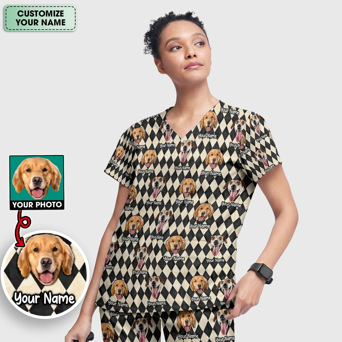 Personalized Pet Portrait Argyle Nurse Scrub Set