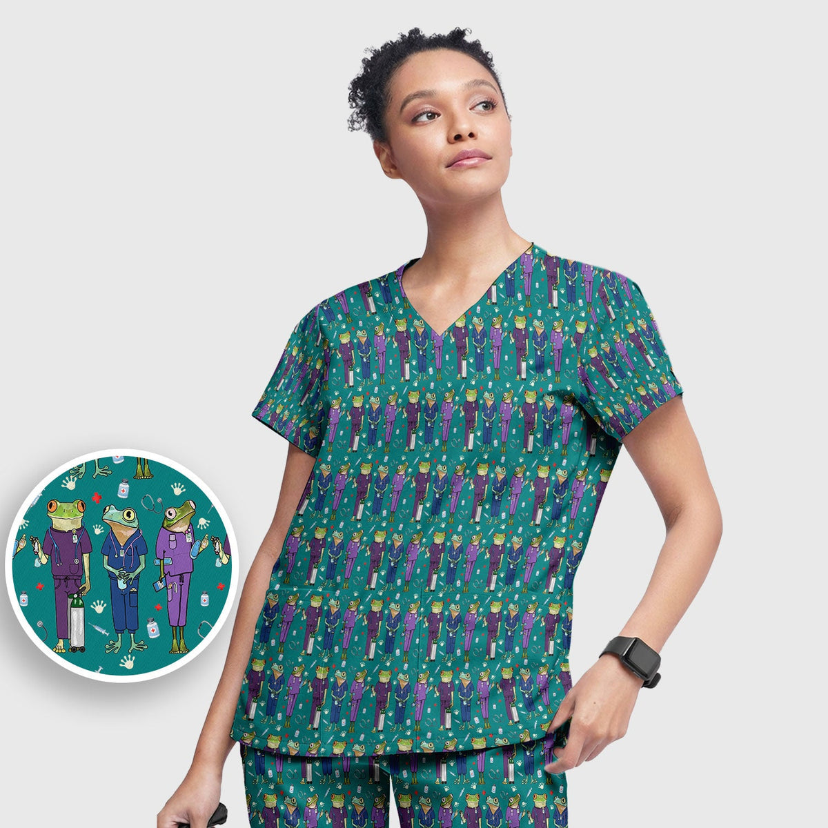Funny Frog Nurse Pattern Scrub Set, Scrub Pants and V Neck Top