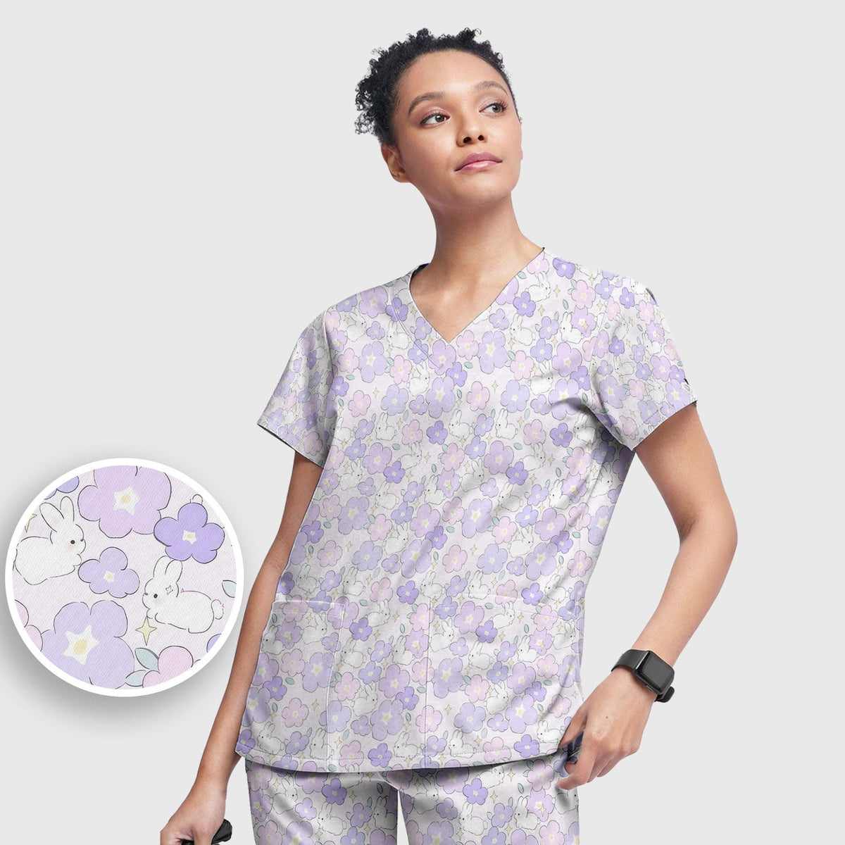 Bunny Floral Pastel Nurse Scrub Set
