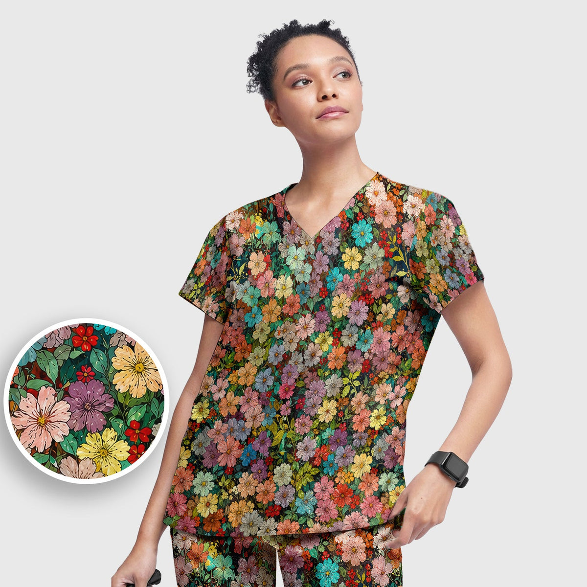 Colorful Wildflower Garden Bloom Pattern Nurse Scrub Set