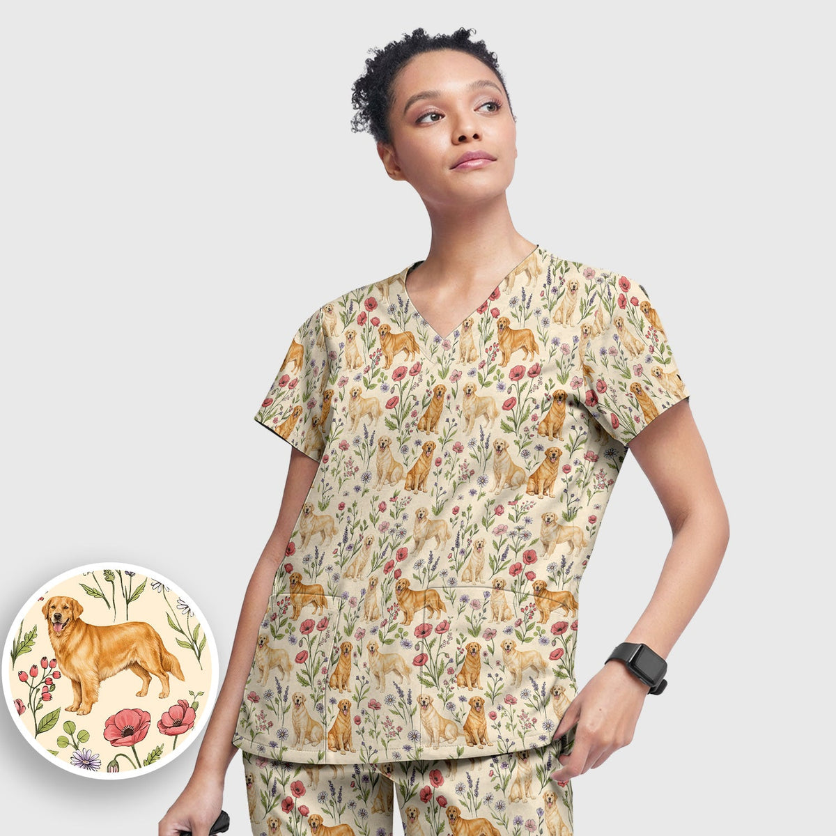 Golden Retriever Floral Nurse Scrub Set