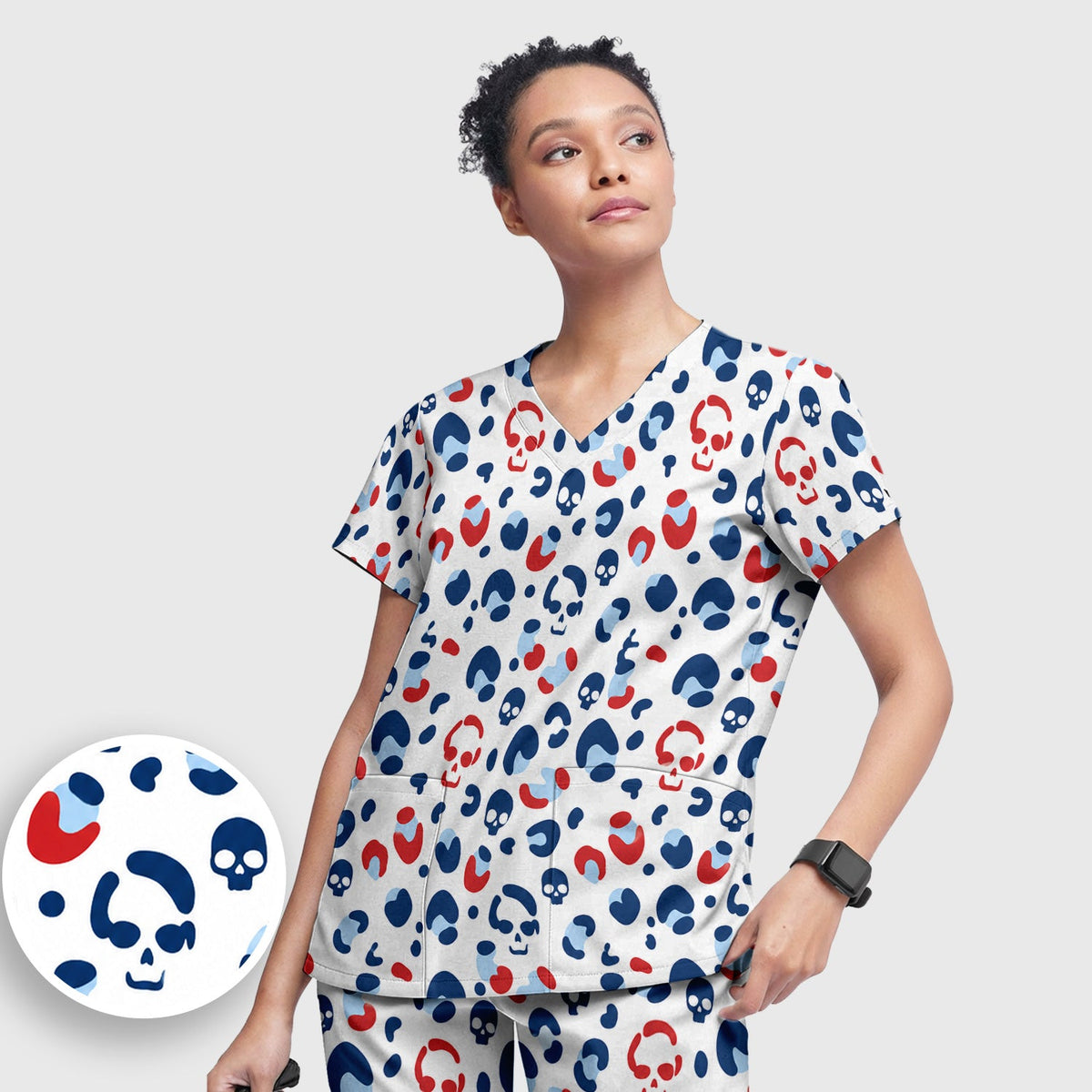 Red Blue Skull Leopard Nurse Scrub Set