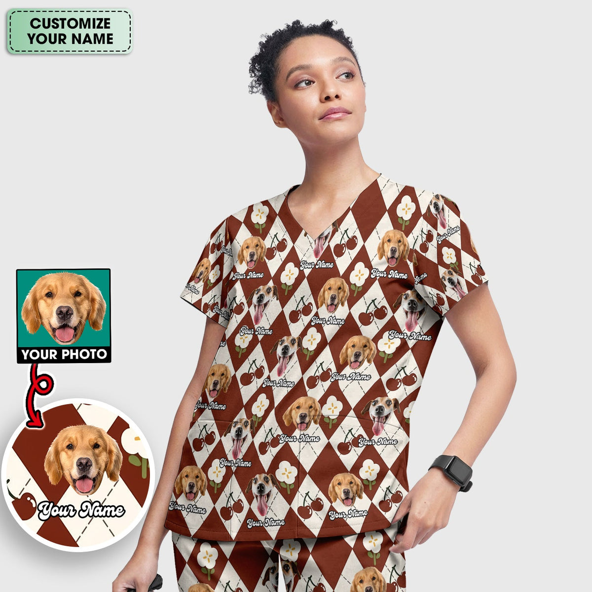 Dog Face Cherry Argyle Nurse Scrub Set