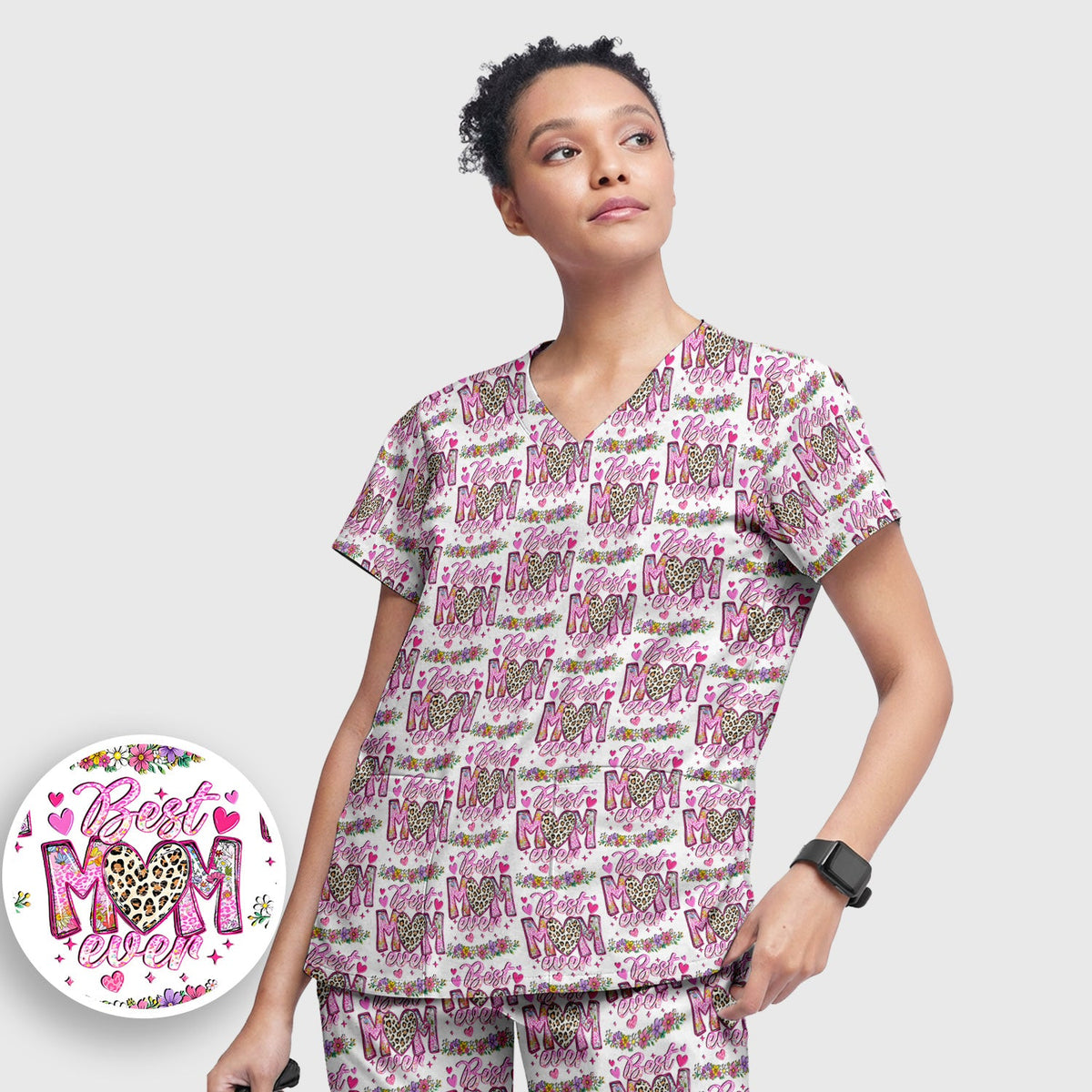 Best Mom Ever Leopard Heart Nurse Scrub Set