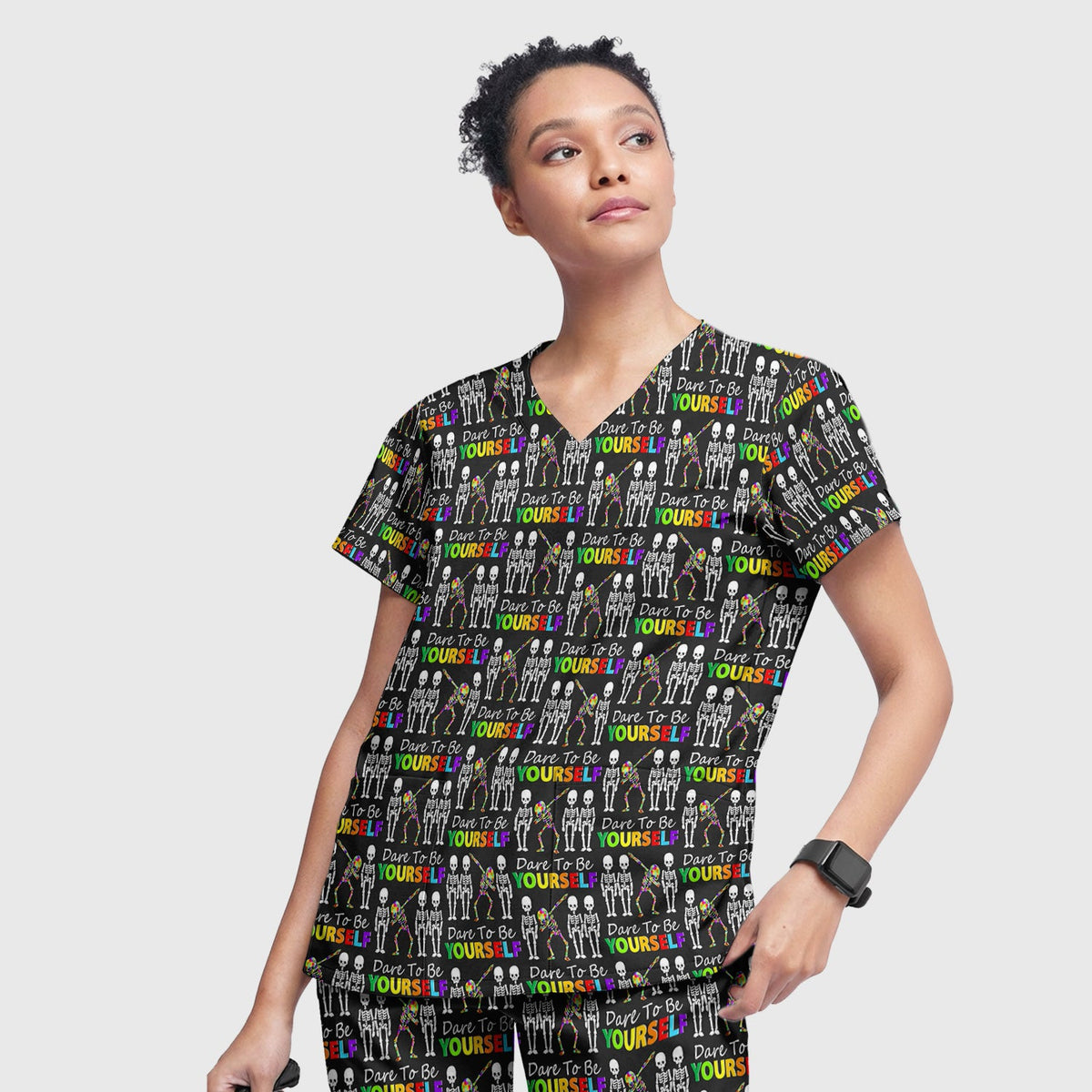 Rainbow Skeleton Dare To Be Yourself Nurse Scrub Set