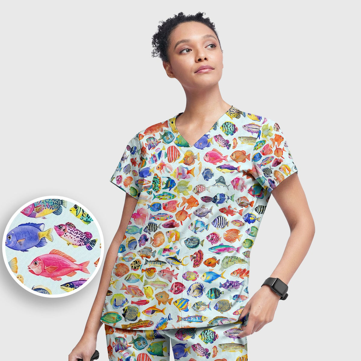 Colorful Tropical Fish Print Nurse Scrub Set