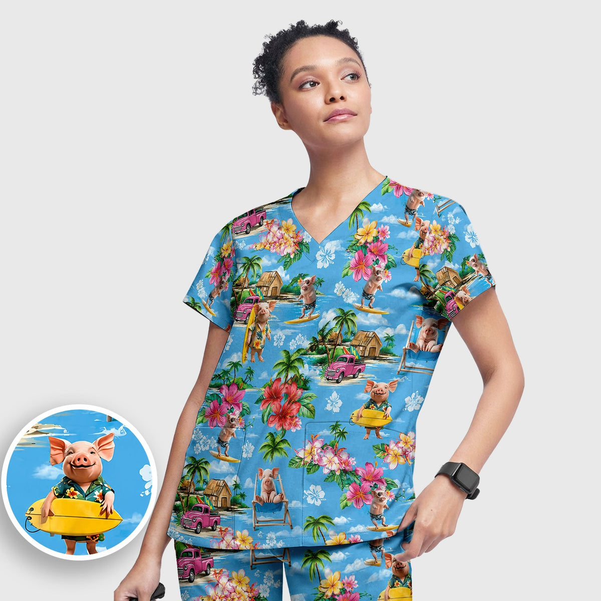 Tropical Surfing Pig Beach Nurse Scrub Set