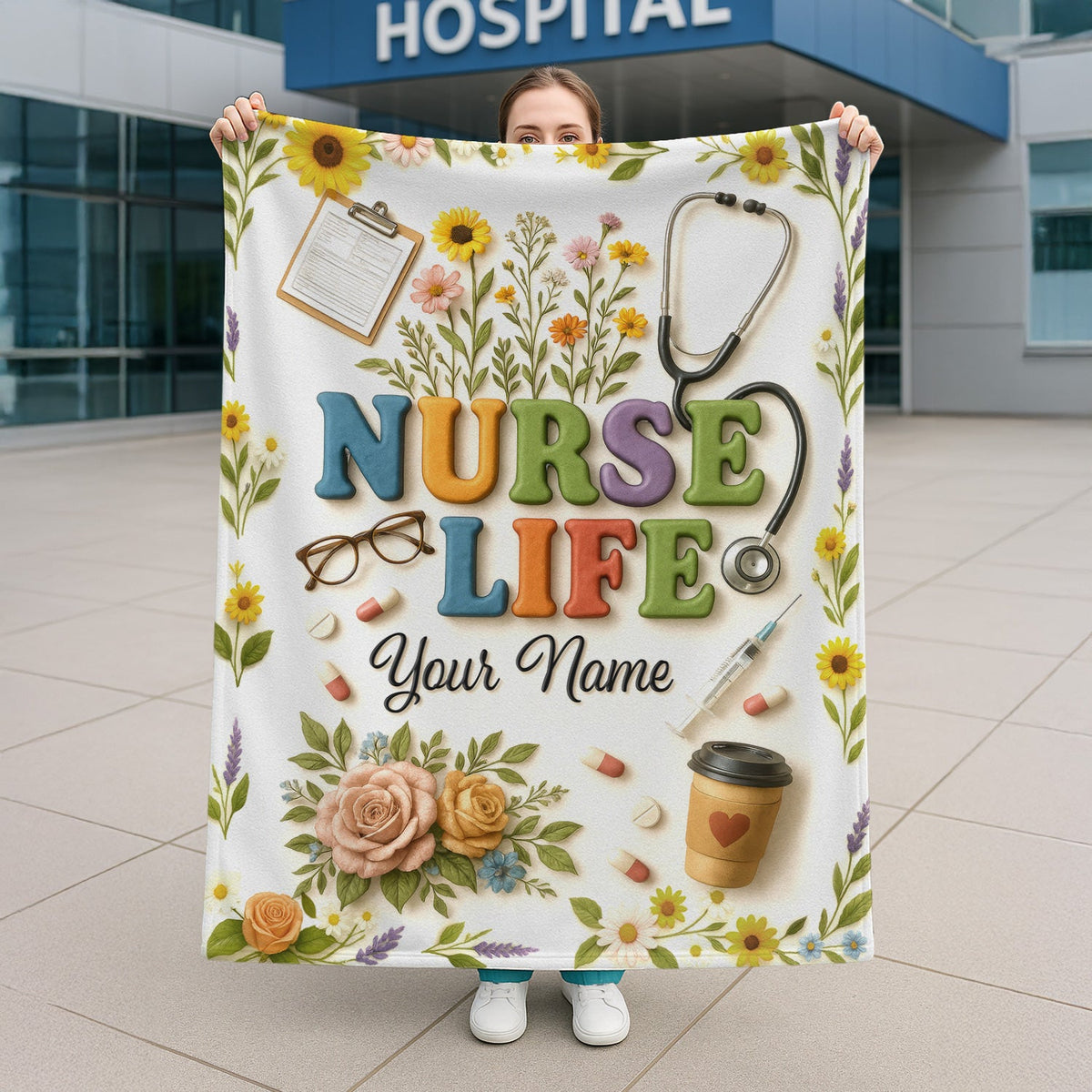 Personalized Stethoscope Pills Flowers Nurse Blanket