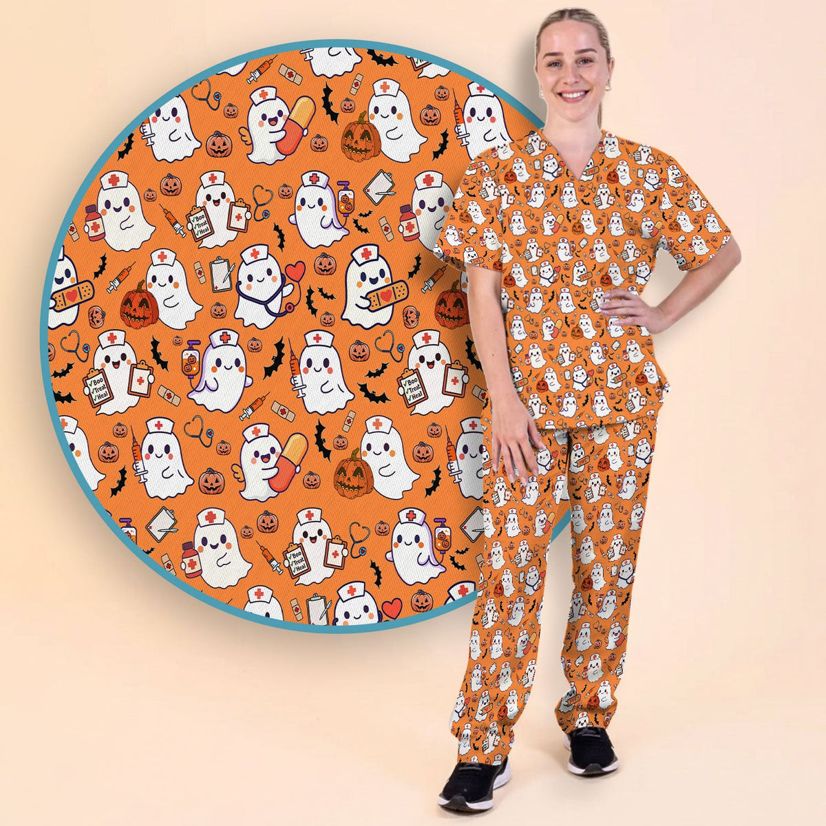 Pumpkin Ghost Nurse Scrub Set - Halloween Gift