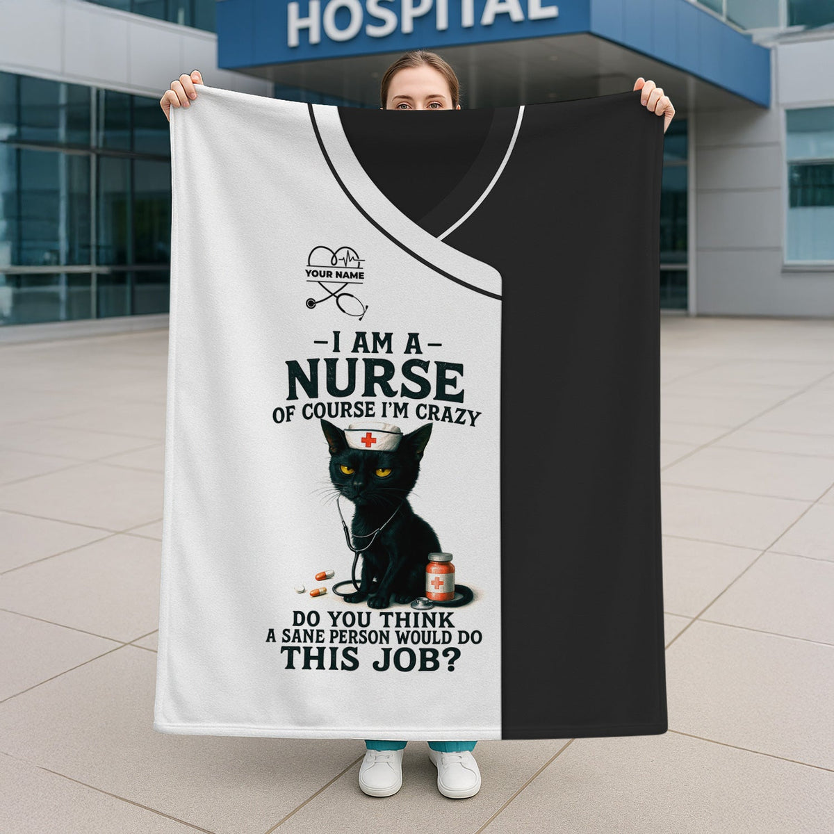 Personalized Black Cat Nurse Throw Blanket