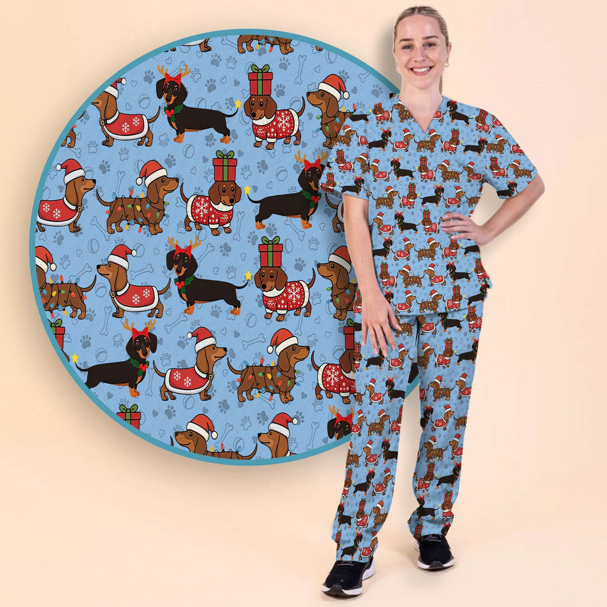 Funny Dachshund Dog Nursing Scrub Pants for Women - Wiener Santa Scrub Set for Nurse - Funny Medical Uniform for RN CNA LPN