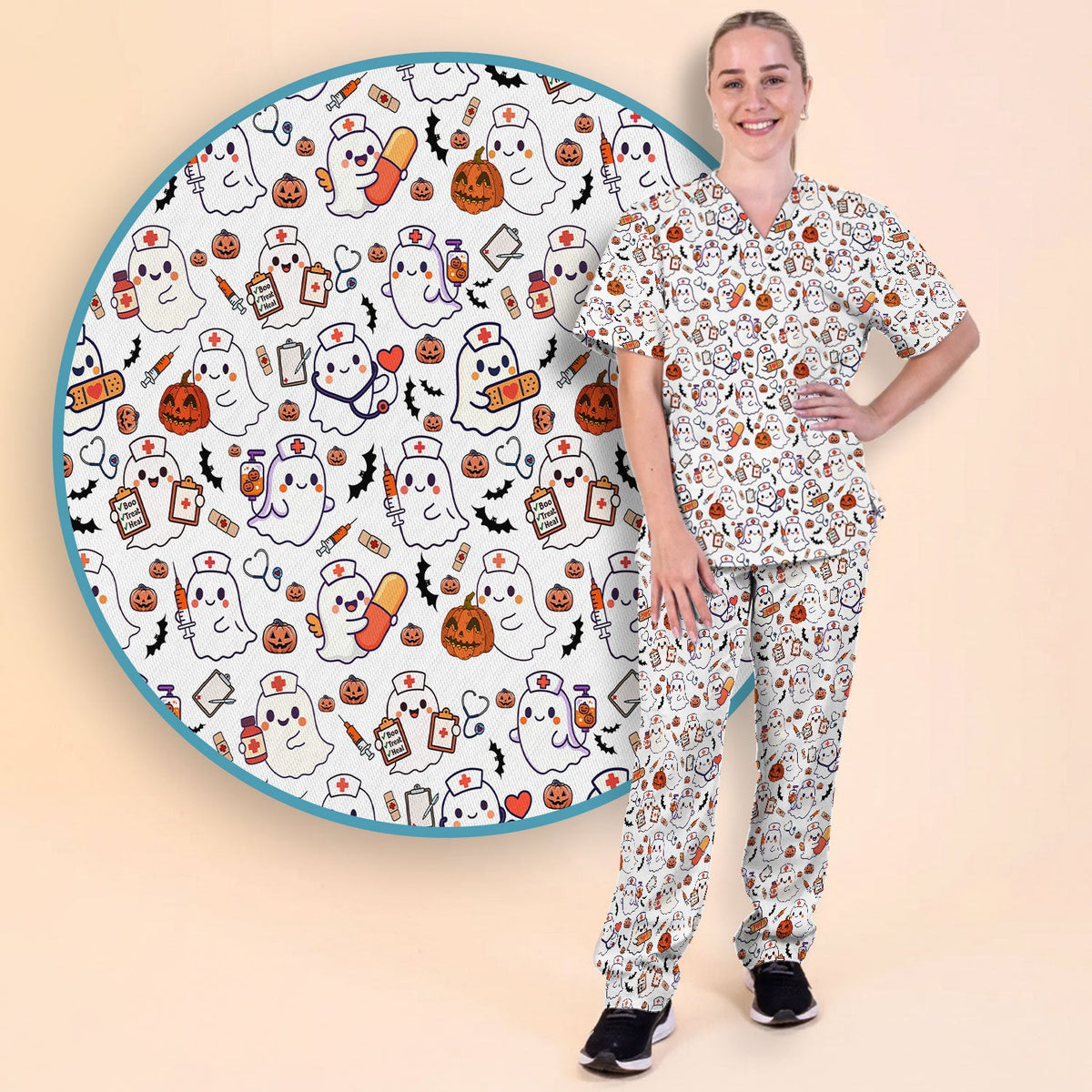 Pumpkin Ghost Nurse Scrub Set - Halloween Gift