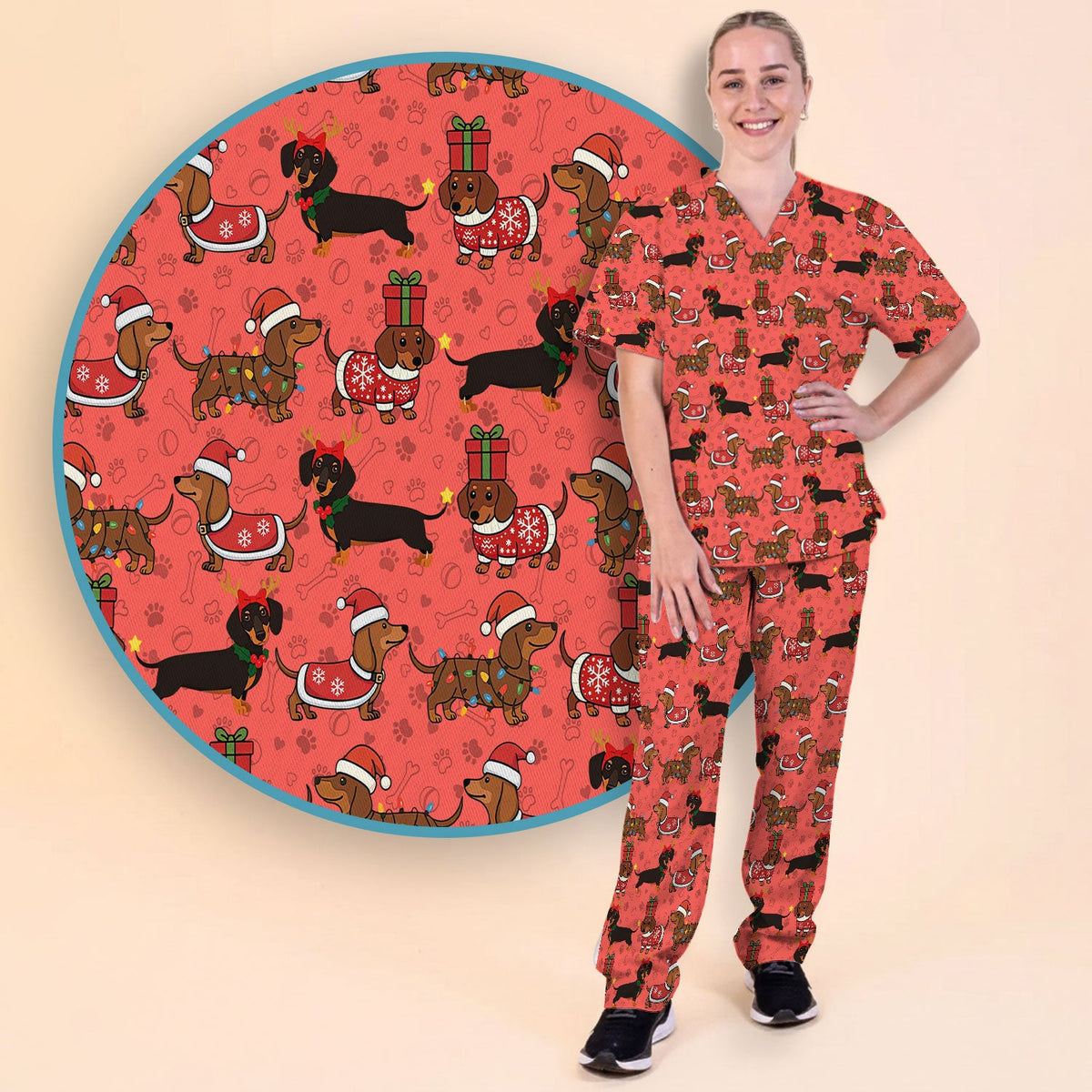 Funny Dachshund Dog Nursing Scrub Pants for Women - Wiener Santa Scrub Set for Nurse - Funny Medical Uniform for RN CNA LPN