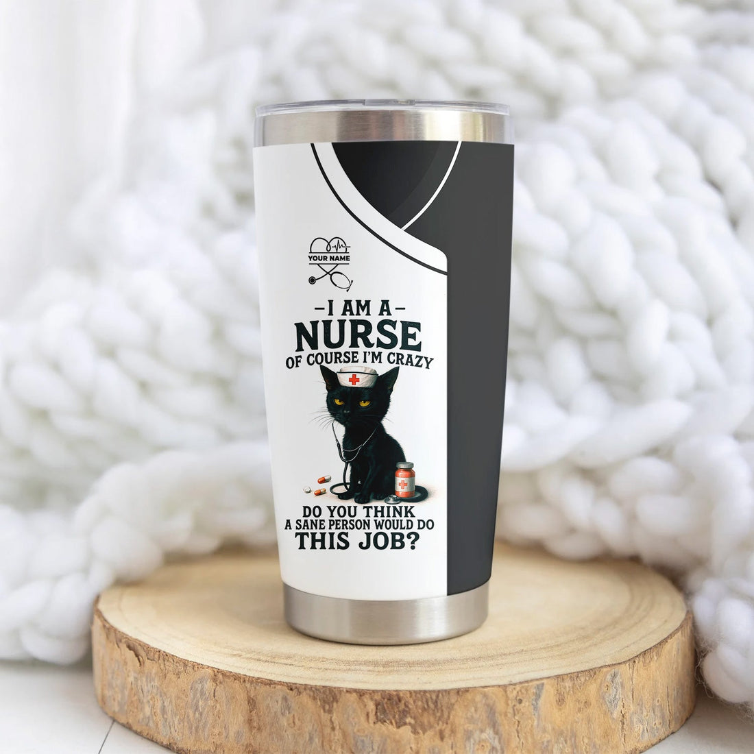 Funny Nurse Tumbler with Black Cat - Personalized 20oz Stainless Steel Cup - Gift for Nurses
