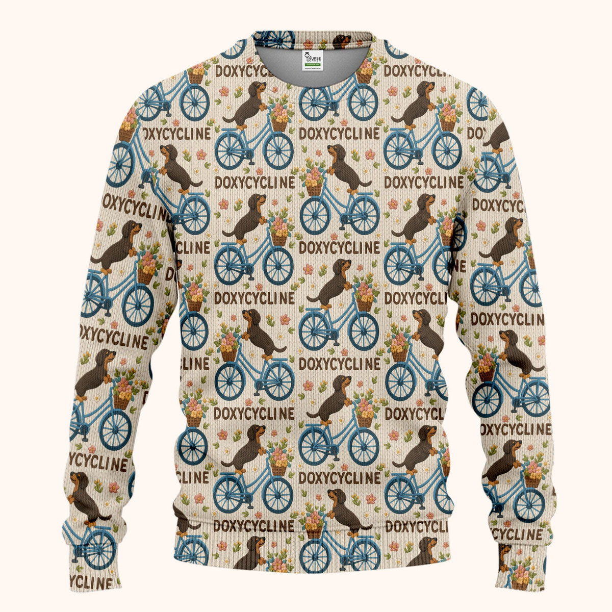Doxycycline Pharmacy Pun Scrub Set - Dachshund on Bicycle Pharmacists Scrubs Pants and V Neck Top - Veterinary Technicians Gift