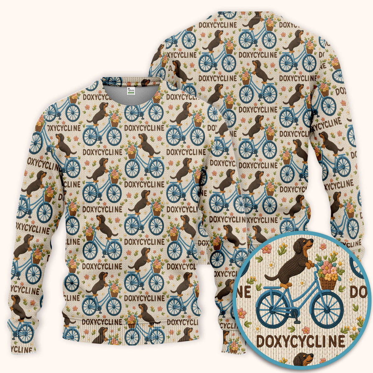Doxycycline Pharmacy Pun Scrub Set - Dachshund on Bicycle Pharmacists Scrubs Pants and V Neck Top - Veterinary Technicians Gift