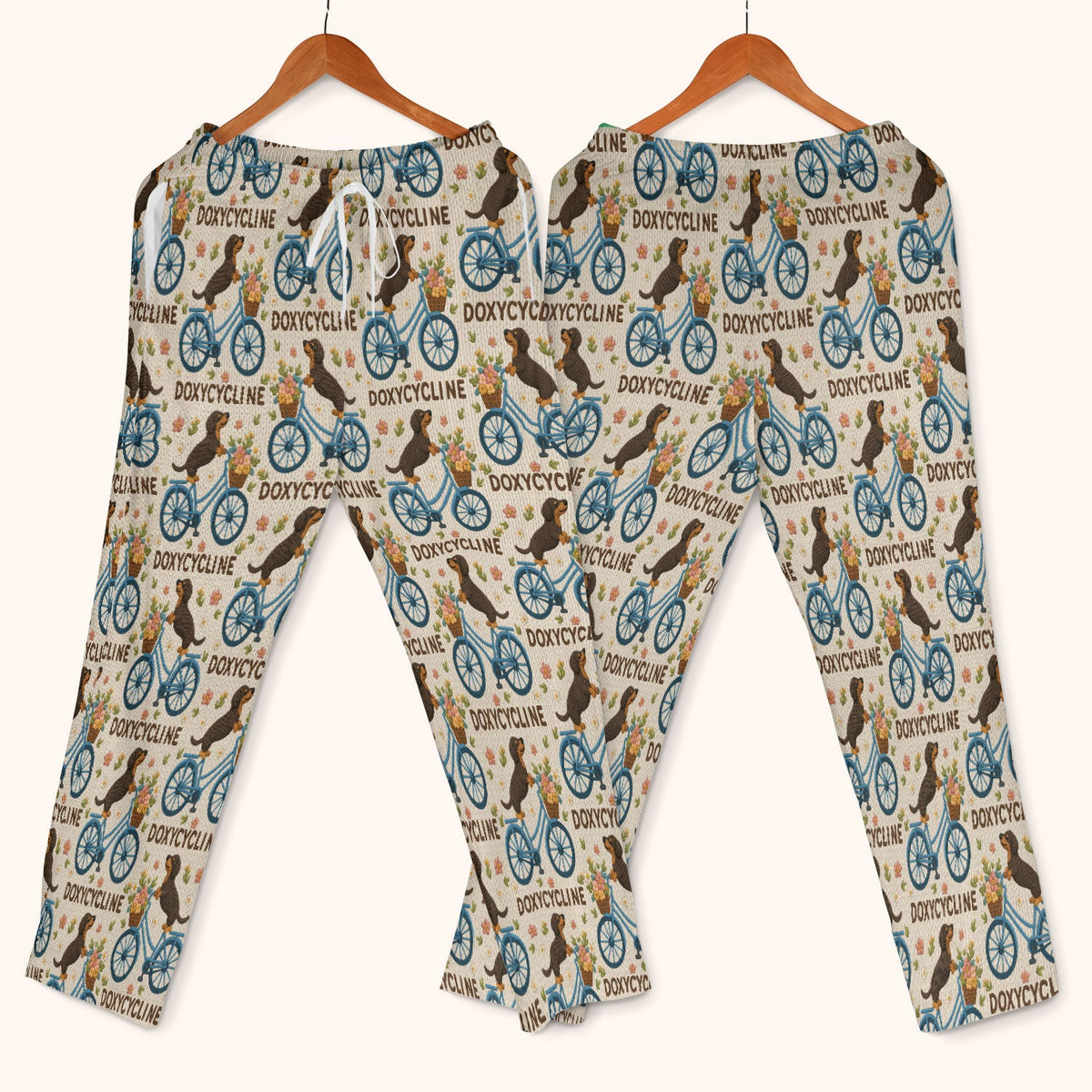 Doxycycline Pharmacy Pun Scrub Set - Dachshund on Bicycle Pharmacists Scrubs Pants and V Neck Top - Veterinary Technicians Gift