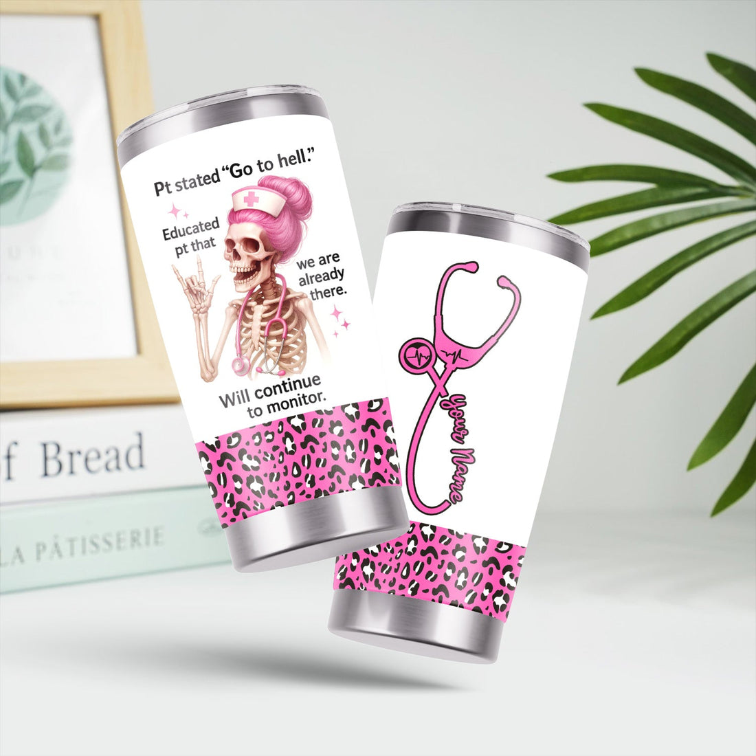 Personalized Skeleton Pink Hair Leopard Nurse Tumbler