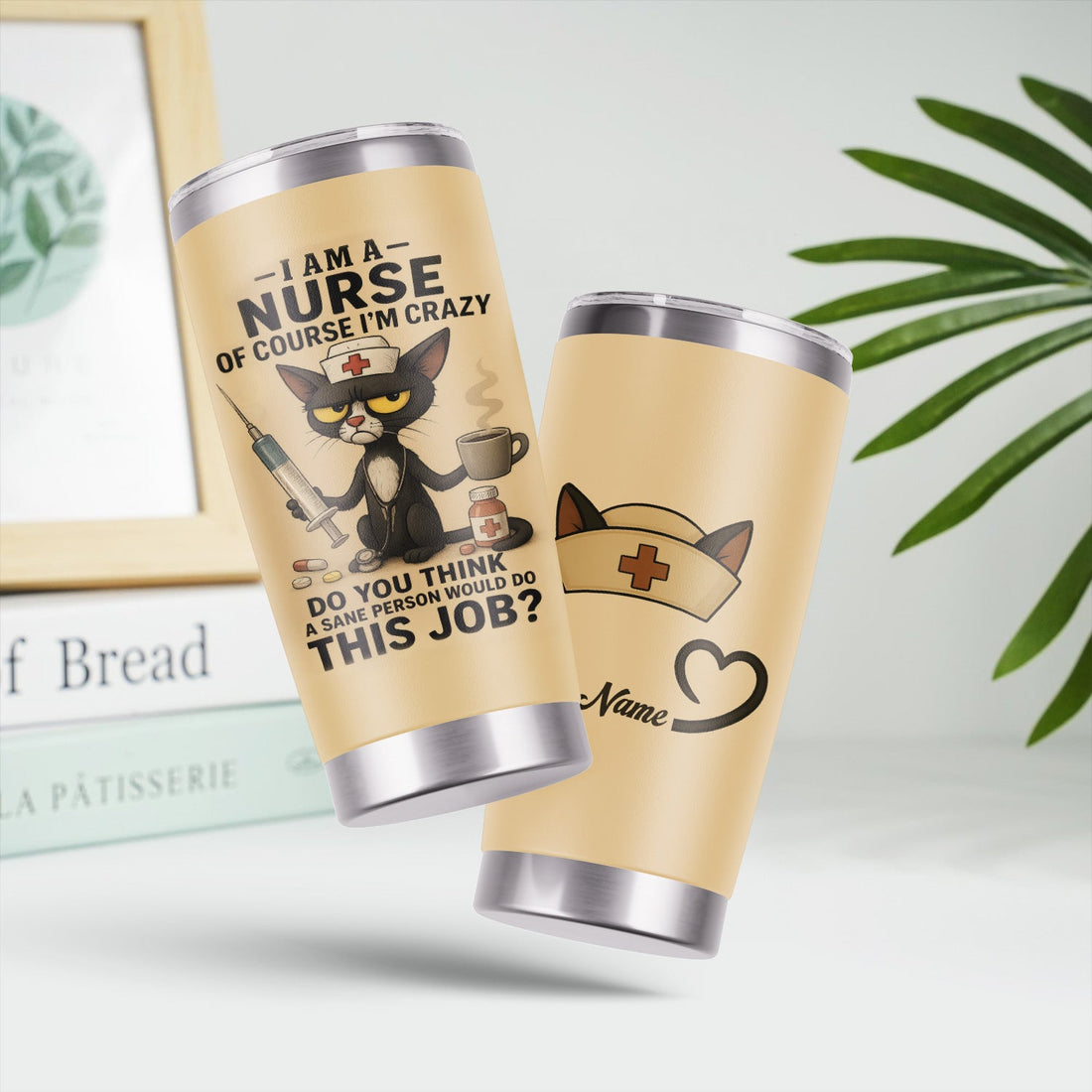 Custom Funny Nurse Tumbler - Angry Cat Design with Syringe Coffee & Pills - Hilarious Gift for Women RN CNA LPN