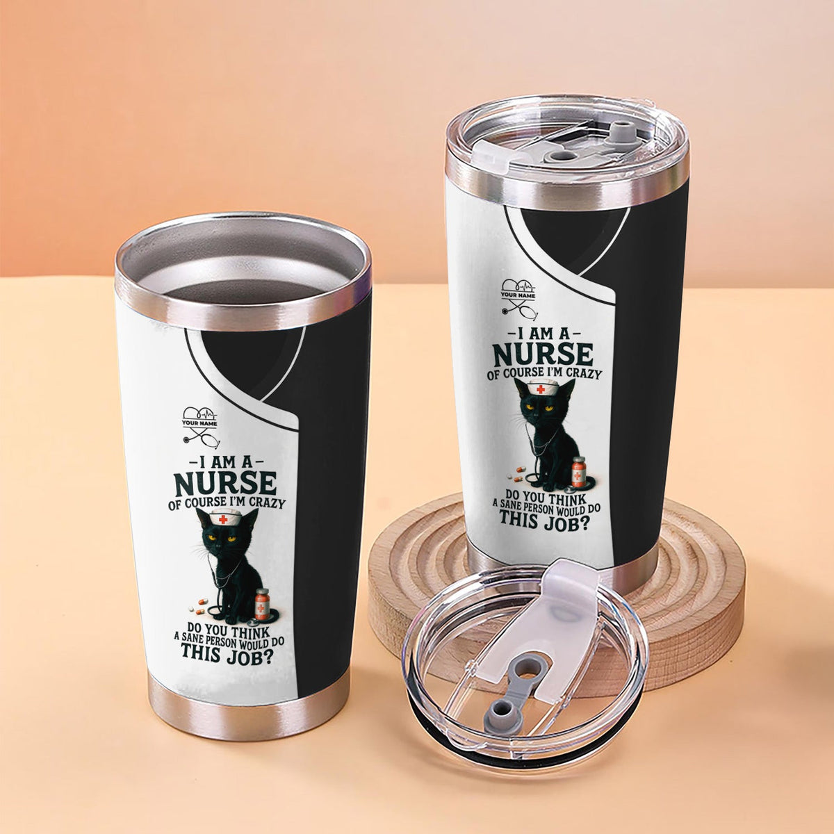 Funny Nurse Tumbler with Black Cat - Personalized 20oz Stainless Steel Cup - Gift for Nurses